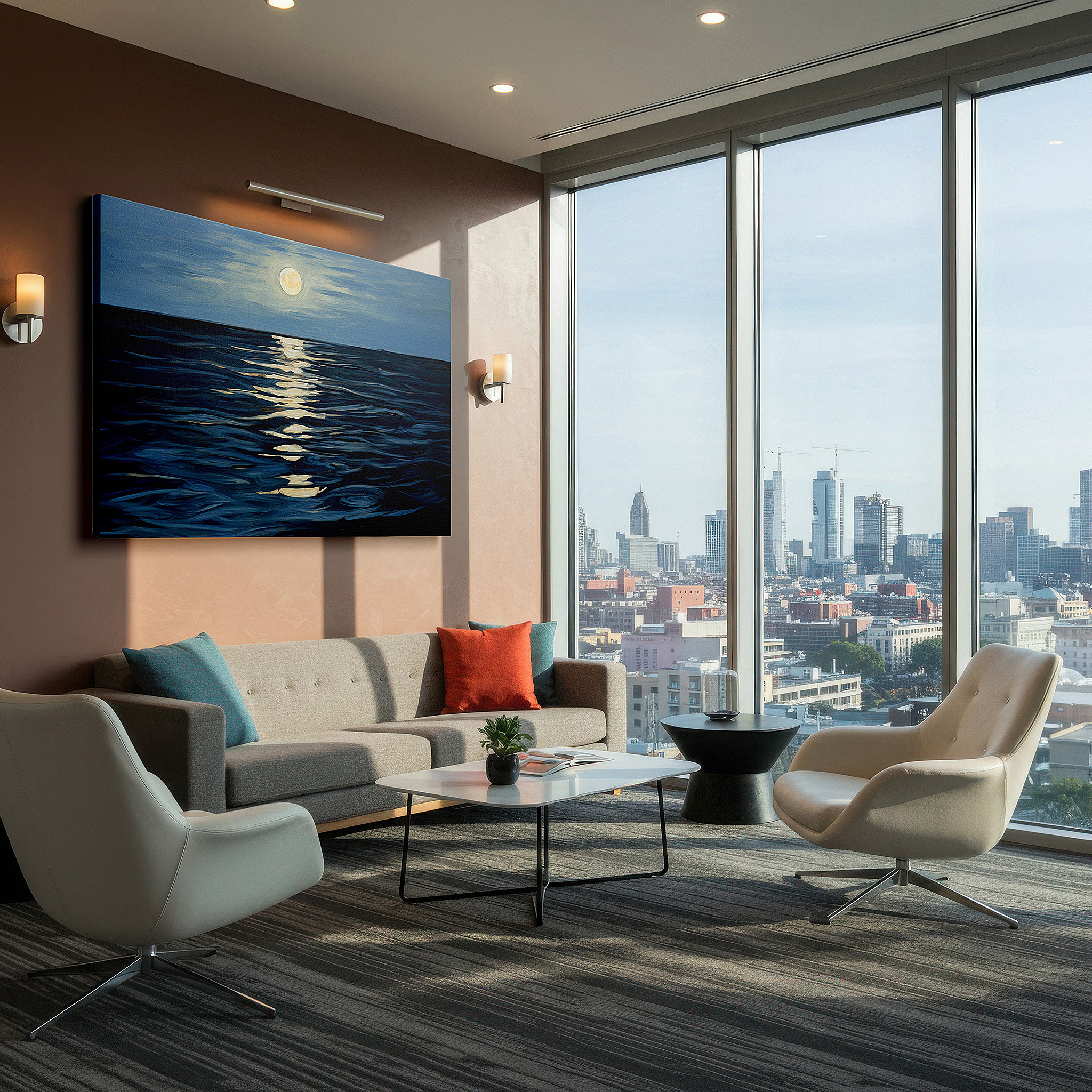 Mounted in a loft-style interior with exposed brick walls — moonlit ocean tranquility: serene silvery waves and gentle light - large canvas wall art for home and office decor