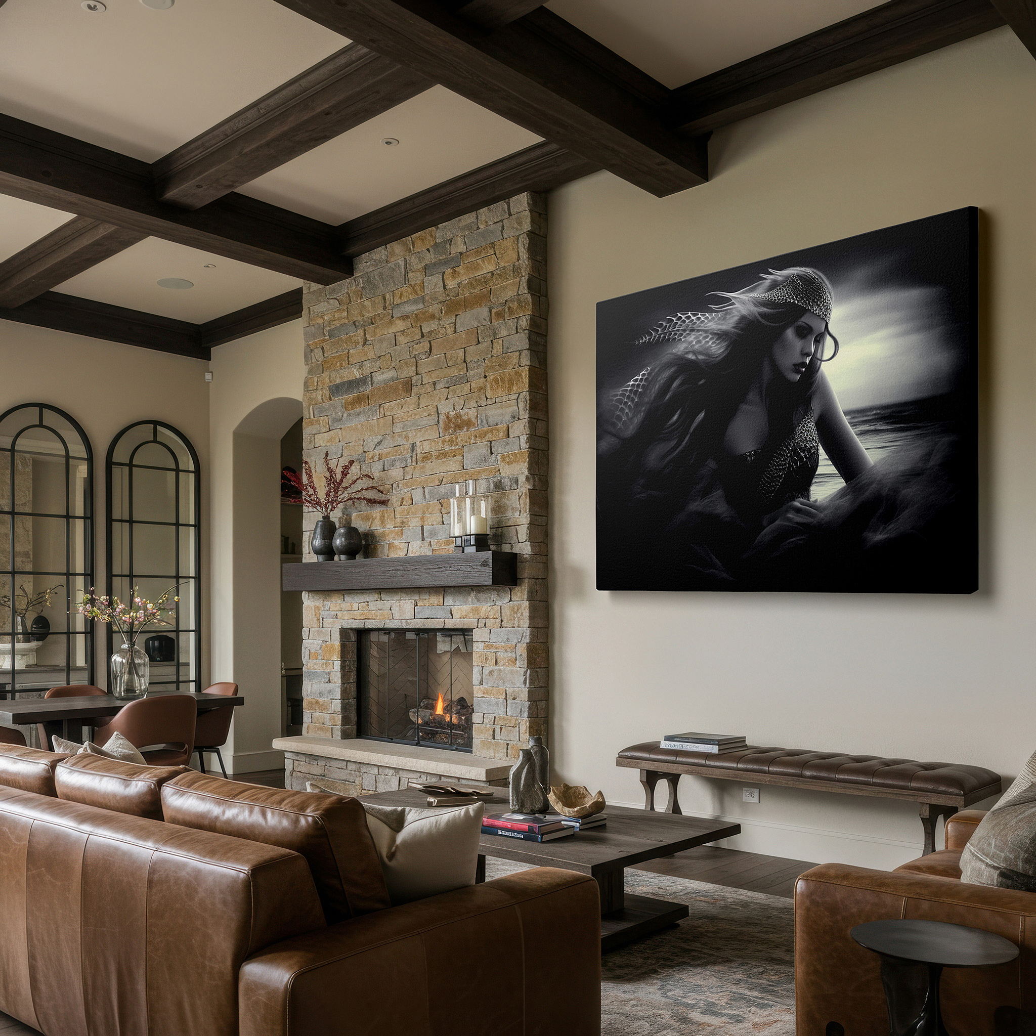 Mounted in a loft-style interior with exposed brick walls — mystical mermaid emerging from the ocean depths, ethereal fog and wave blend, large canvas wall art for office and bedroom decor