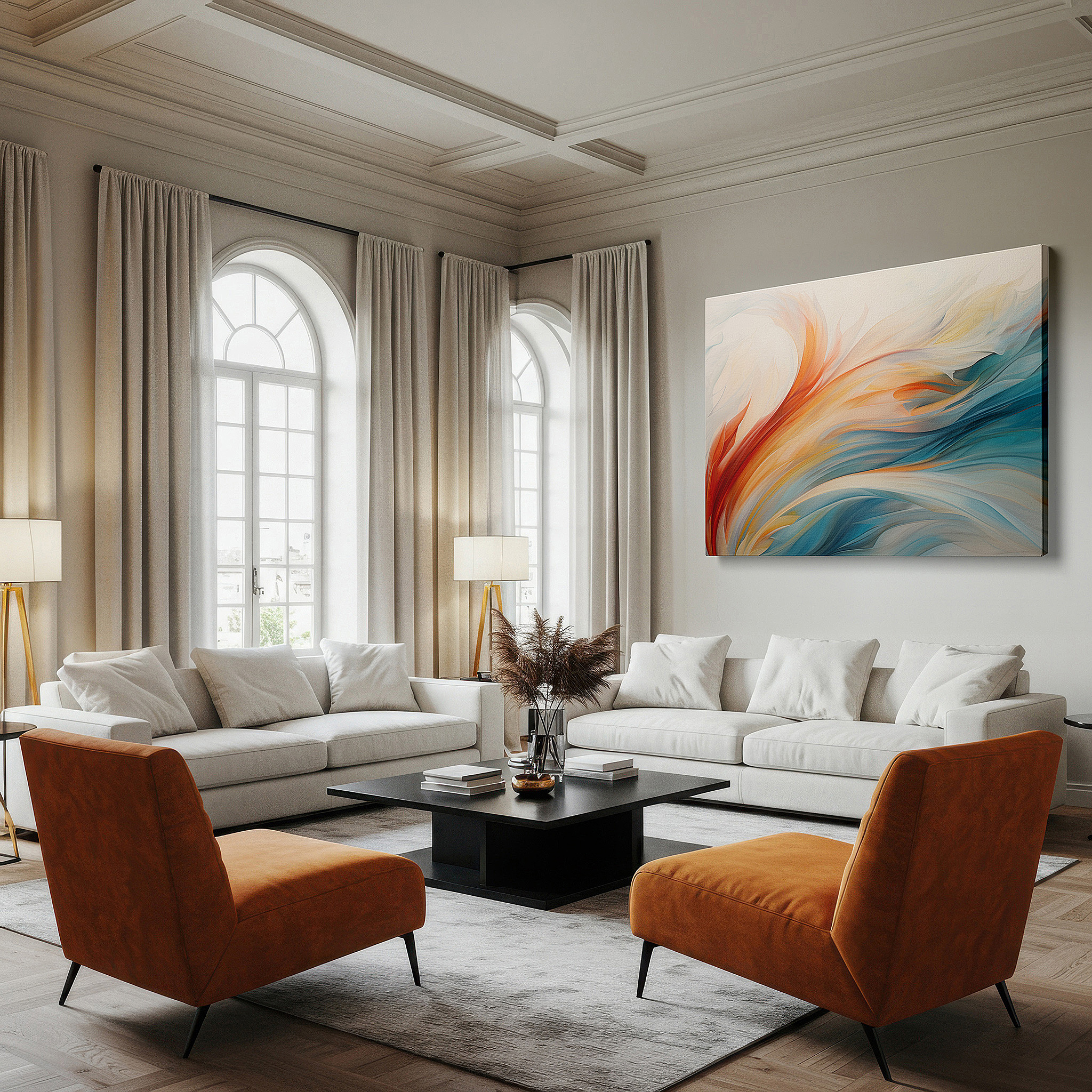 Mounted in a loft-style interior with exposed brick walls — orange, blue, and white ethereal waves - tranquil abstract masterpiece for modern spaces: large wall art, canvas wall art, wall decor for offices