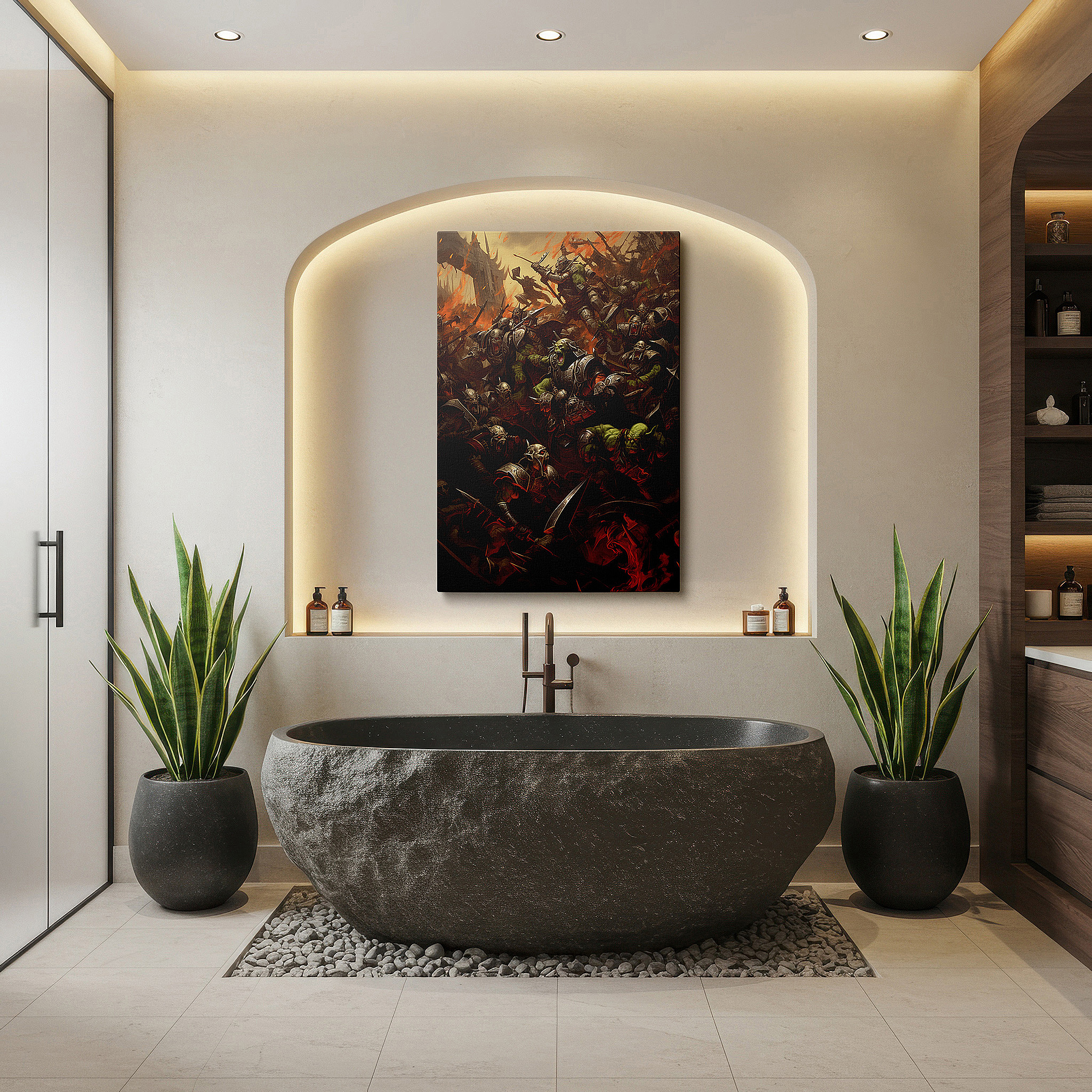 Mounted in a loft-style interior with exposed brick walls — orc warriors epic battle large canvas wall art - mythical inferno theme for office, bedroom, and living room decor