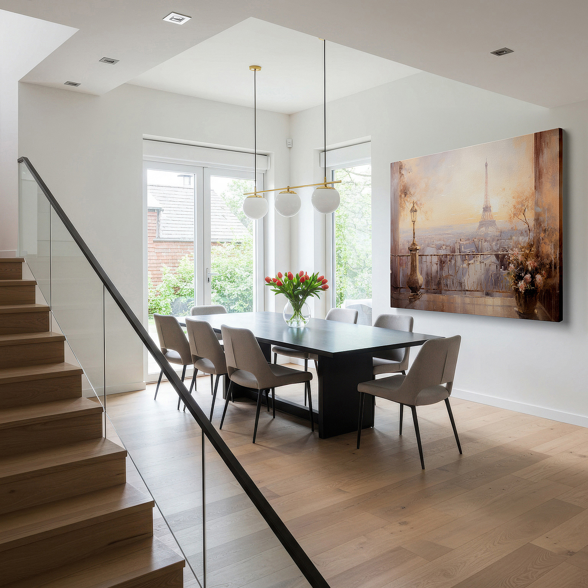 Mounted in a loft-style interior with exposed brick walls — parisian balcony with eiffel tower view at sunset - large canvas wall art for office and bedroom decor