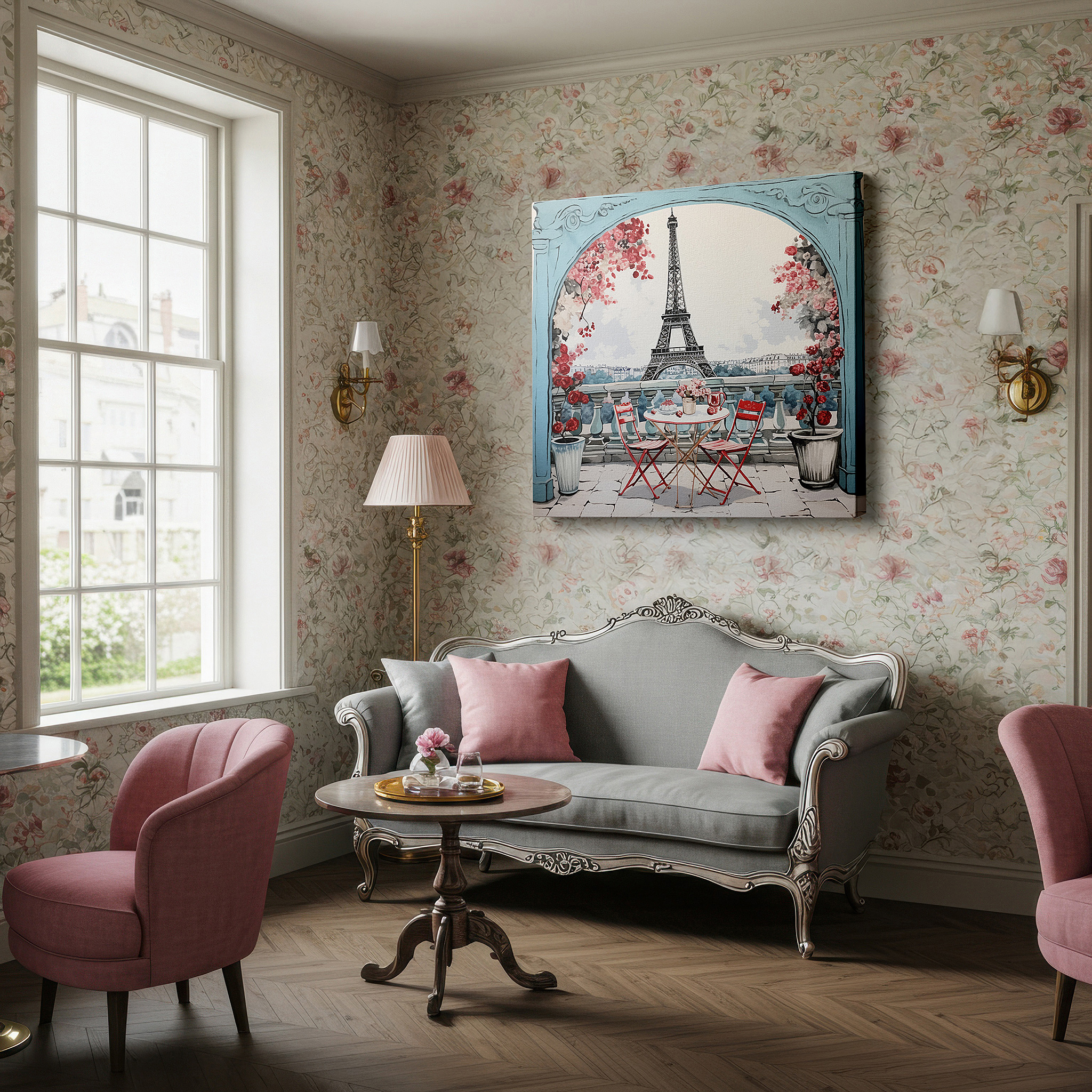 Mounted in a loft-style interior with exposed brick walls — parisian charm: lively café and eiffel tower wall art, canvas decor for home and office