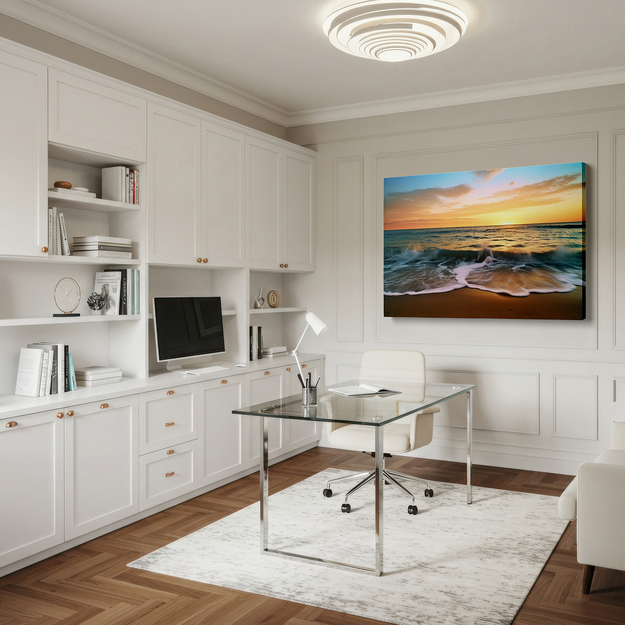 Mounted in a loft-style interior with exposed brick walls — peaceful beach sunset wall art, large canvas for serene and tranquil decor, ideal for office and bedroom
