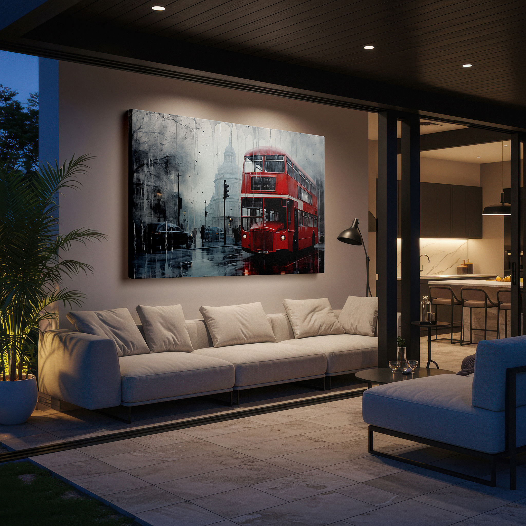 Mounted in a loft-style interior with exposed brick walls — red double-decker bus on a foggy london street large wall art, canvas wall art, wall art