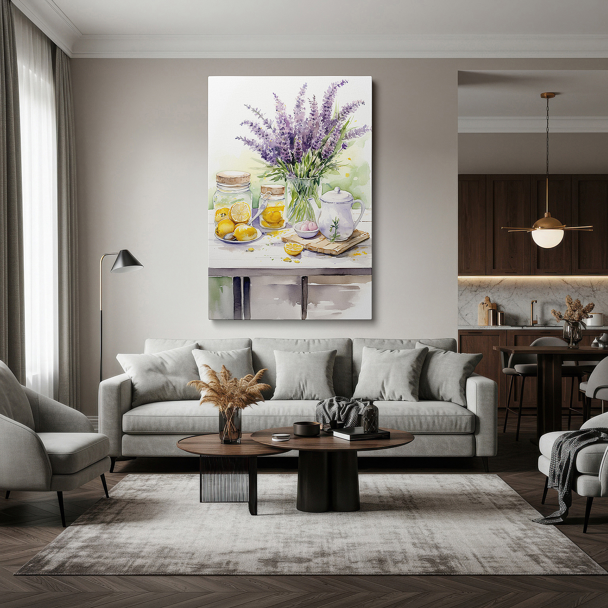 Mounted in a loft-style interior with exposed brick walls — rustic lemon and lavender tea set scene - large canvas wall art for office and bedroom decor