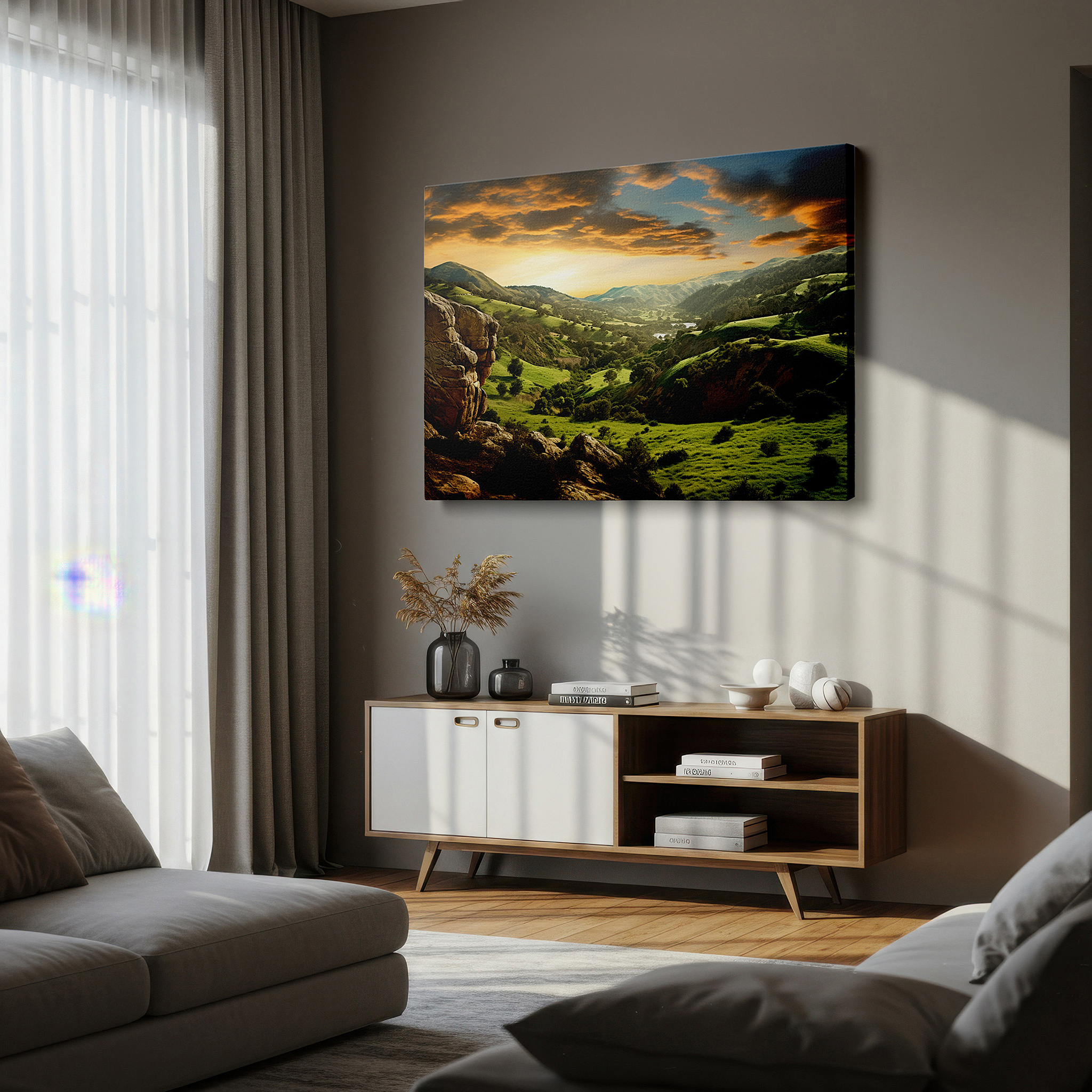 Mounted in a loft-style interior with exposed brick walls — serene dusk landscape with sun setting behind rolling hills - large canvas wall art for office, bedroom, and living room decor