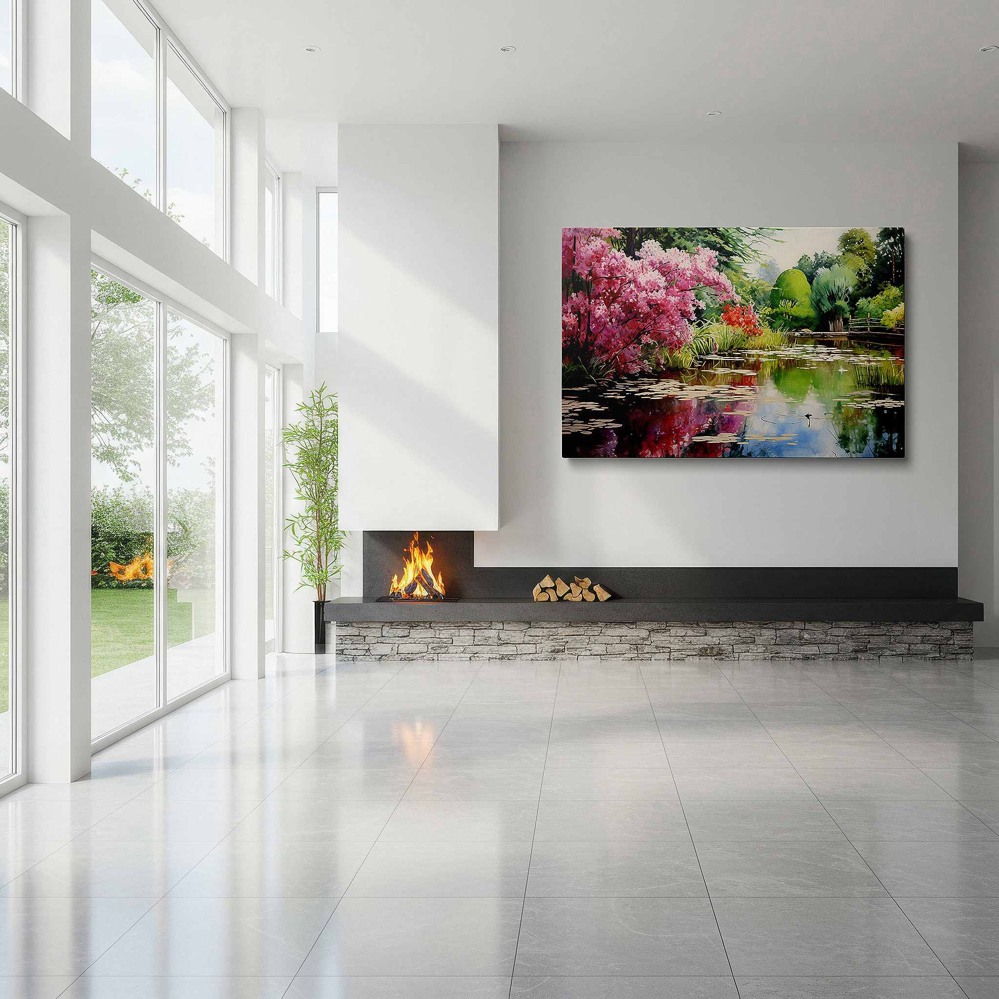 Mounted in a loft-style interior with exposed brick walls — serene garden pond canvas wall art featuring lush greenery and bright pink flowers, ideal for office or bedroom decor