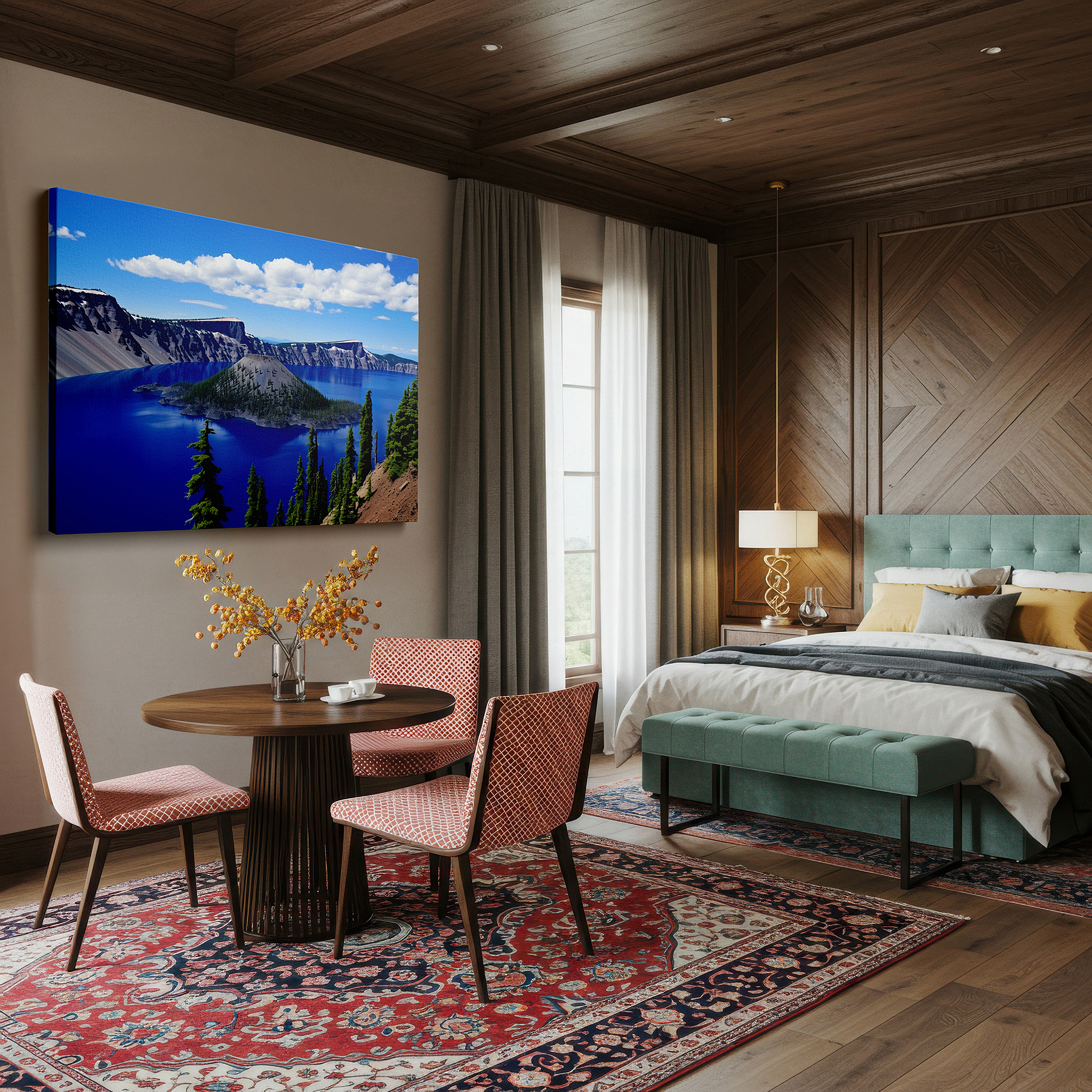 Mounted in a loft-style interior with exposed brick walls — serene lake and grand cliffs beneath a golden sky: oversized wall art, canvas art, decorative wall art for offices, bedrooms, and living rooms