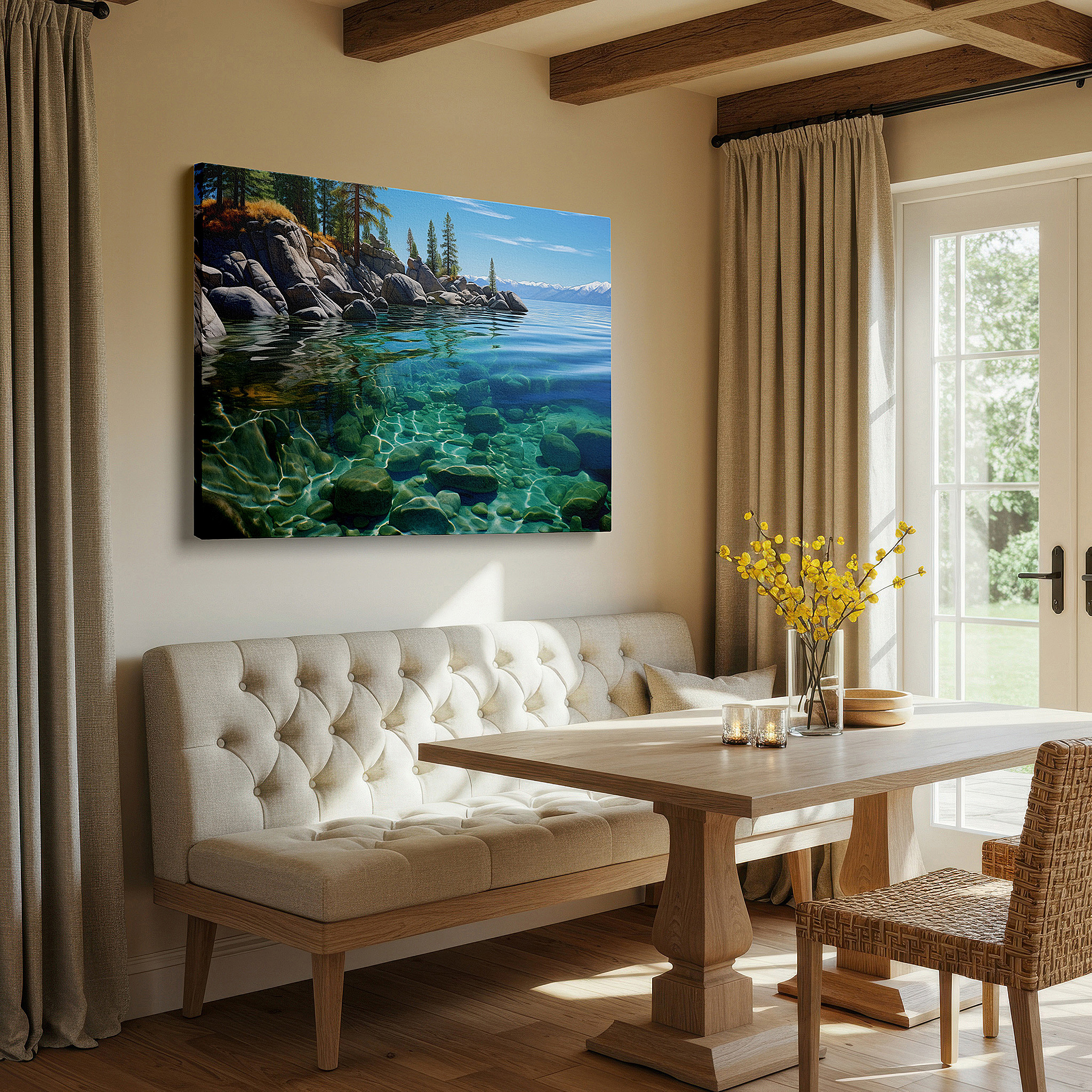 Mounted in a loft-style interior with exposed brick walls — serene lakeside reflections with lush pines and rocky shores under a vibrant summer sky - large canvas wall art for office decor
