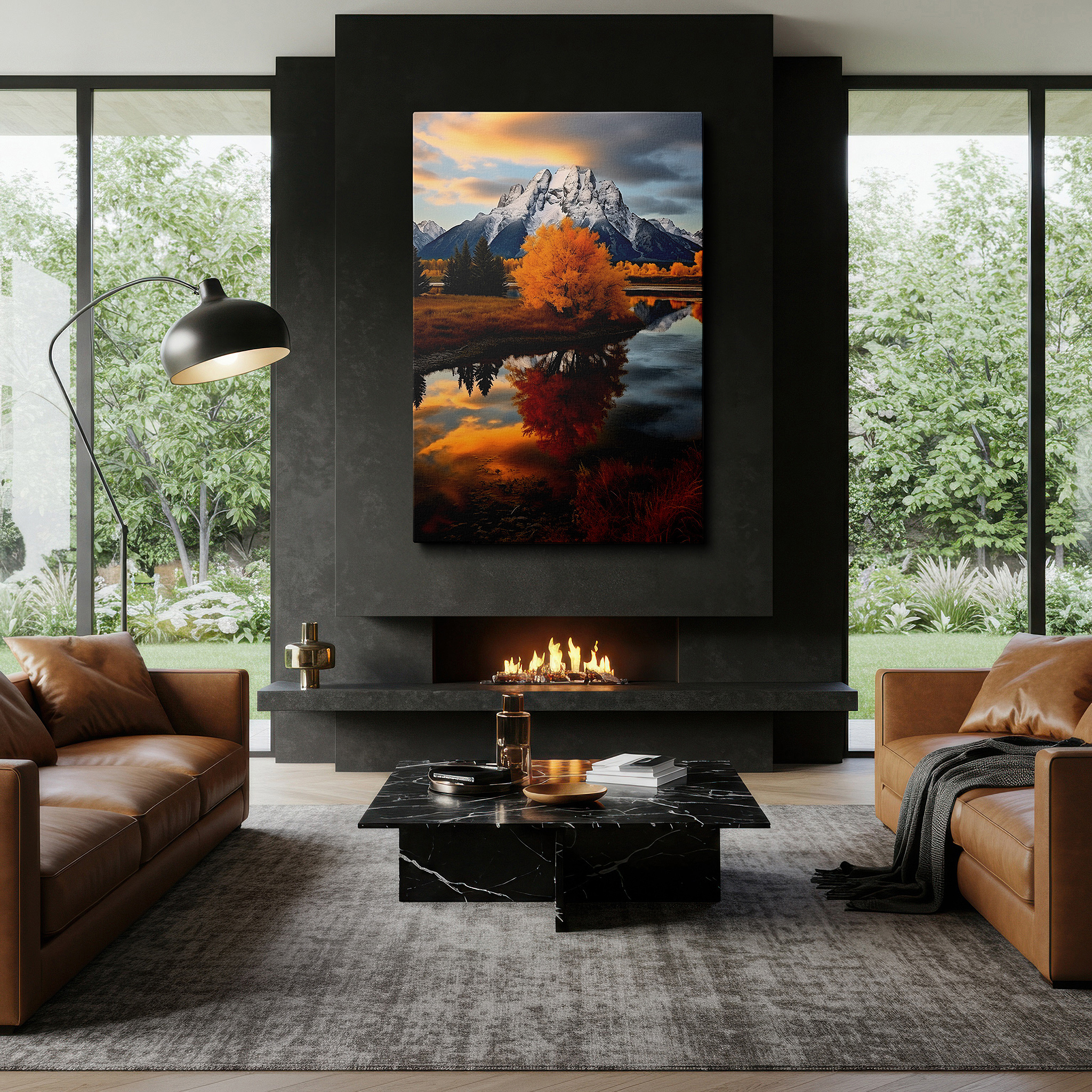 Mounted in a loft-style interior with exposed brick walls — serene mountain tops and fall forest reflections large wall art, canvas wall art, wall decor for office, bedroom, and living room