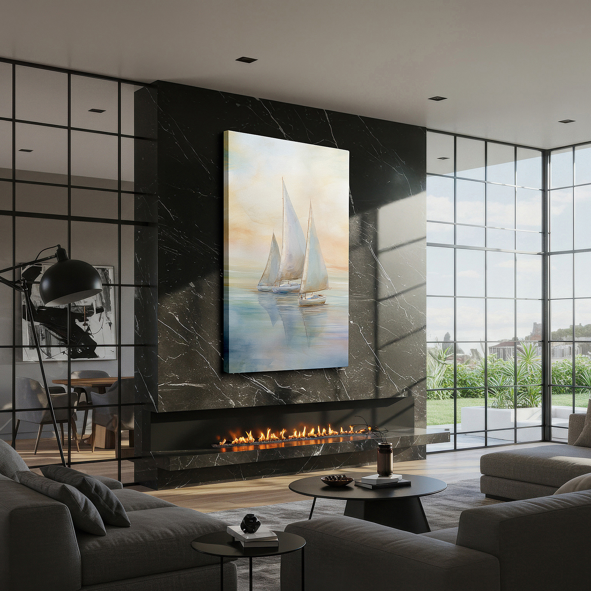 Mounted in a loft-style interior with exposed brick walls — serene sailboats at sunset wall art: large canvas featuring gentle breeze and pastel skies, ideal for office, bedroom, or living room decor