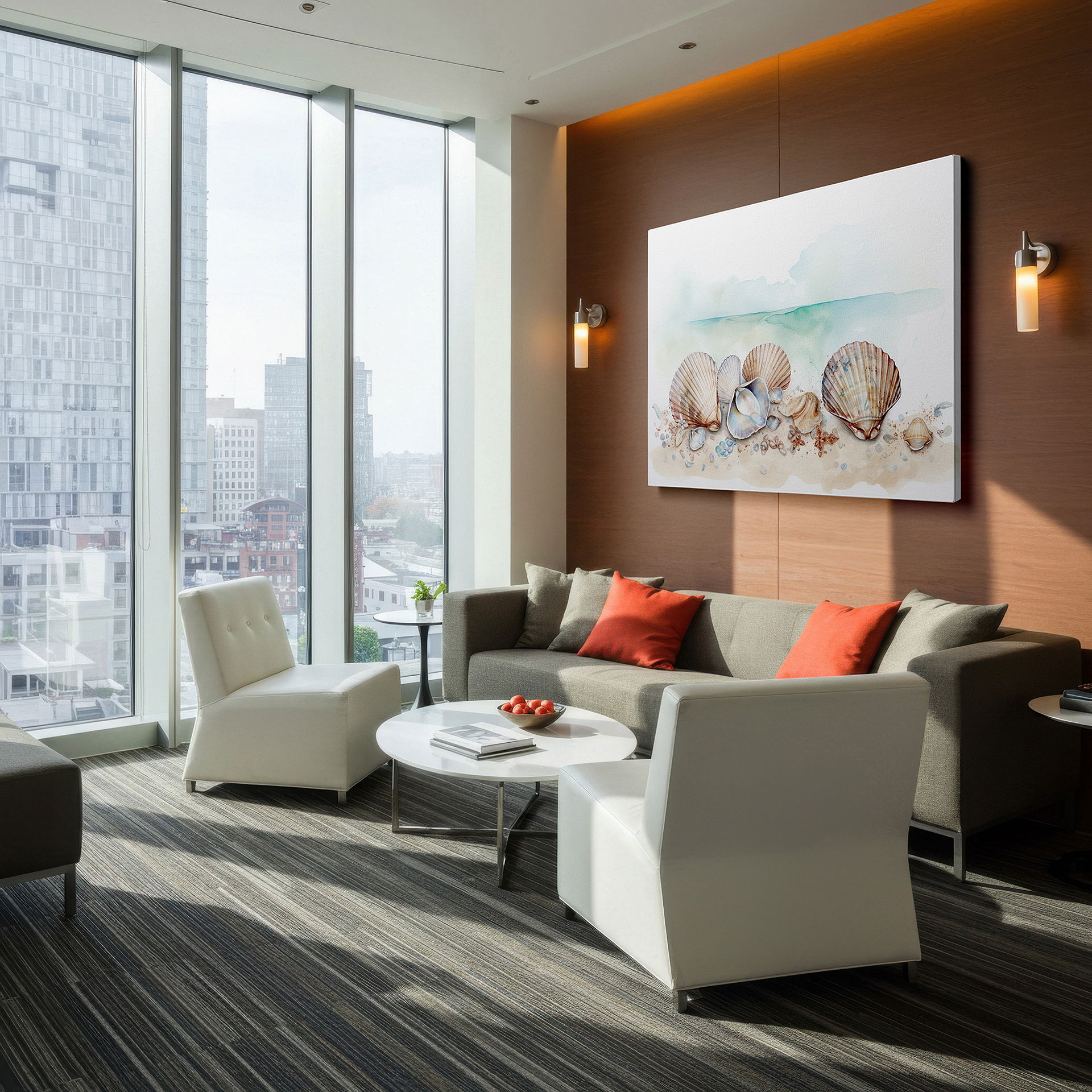 Mounted in a loft-style interior with exposed brick walls — serene seashells on sandy beach - tranquil watercolor masterpiece large wall art, canvas wall art, wall decor for office and bedroom