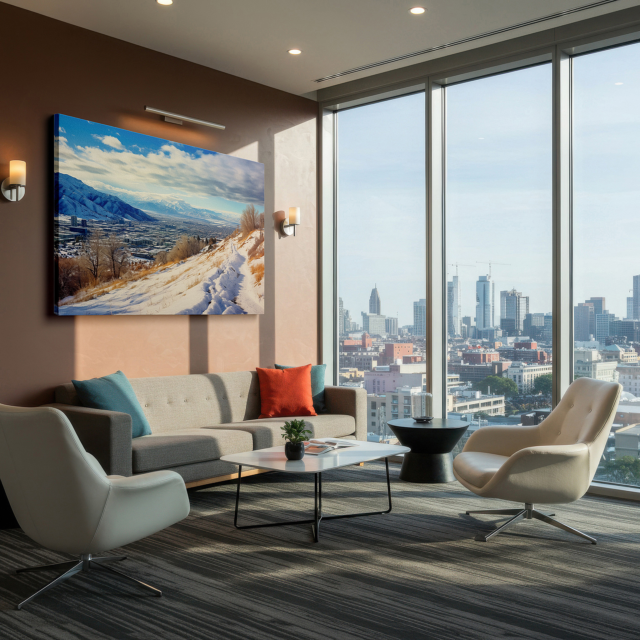 Mounted in a loft-style interior with exposed brick walls — serene snowy valley with towering mountains and ethereal winter sky large canvas wall art for office and bedroom decor