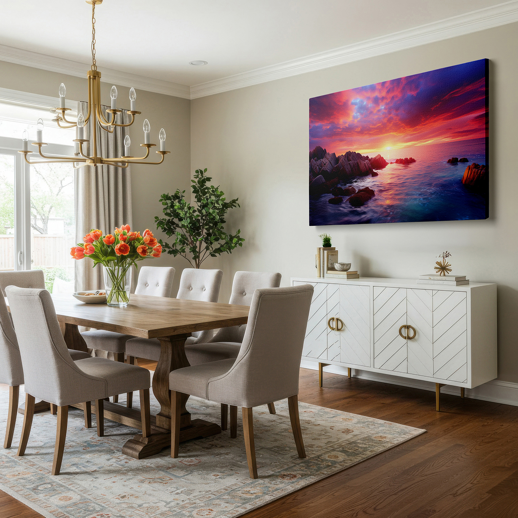 Mounted in a loft-style interior with exposed brick walls — serene sunset over calm waters: a vivid display of fiery oranges, deep reds, and soothing purples - large canvas wall art decor
