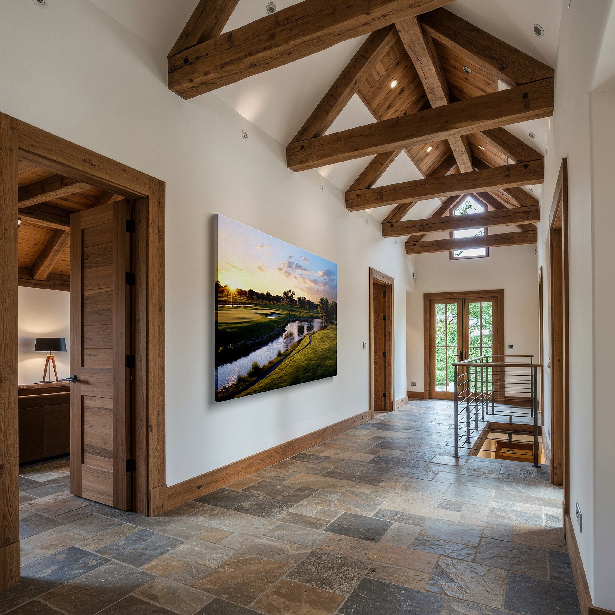 Mounted in a loft-style interior with exposed brick walls — serene sunset golf course, tranquil landscape with lush greenery and radiant skies, large canvas wall art decor for office