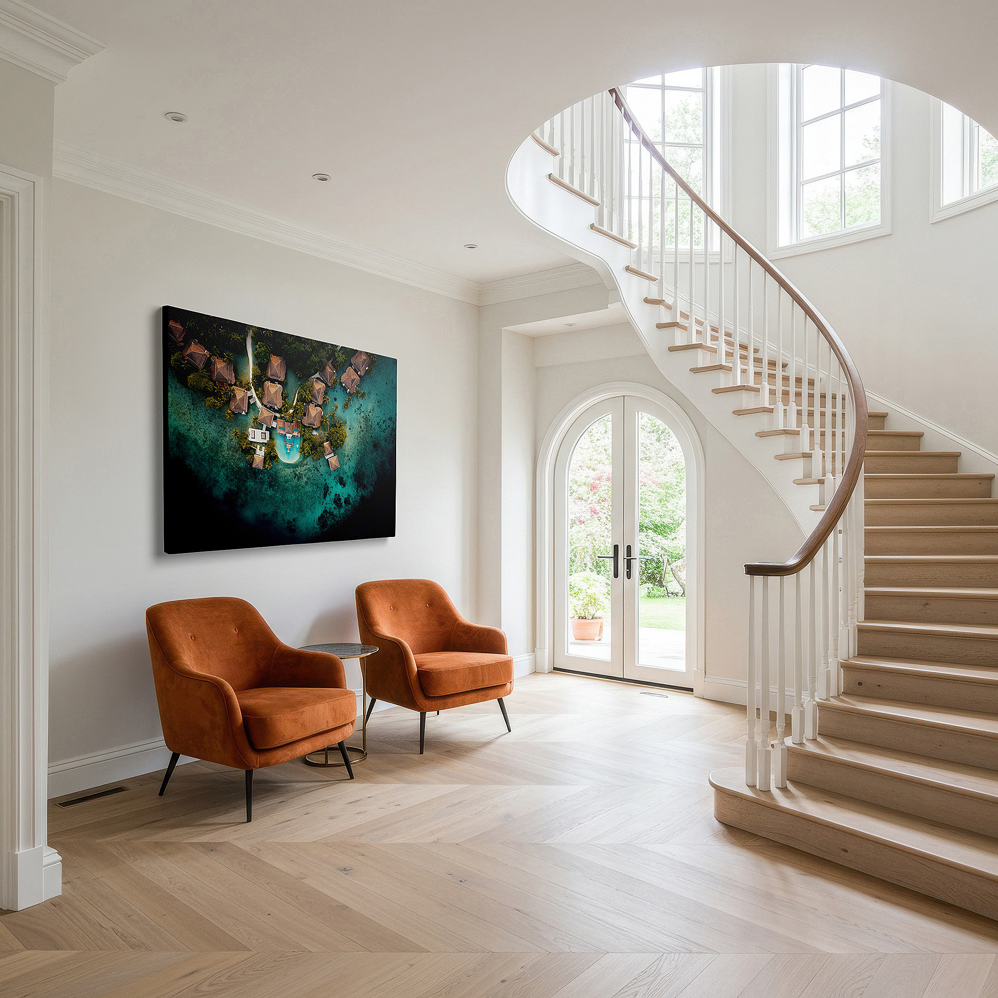 Mounted in a loft-style interior with exposed brick walls — serene tropical resort featuring opulent overwater bungalows on a sparkling aquamarine lagoon - large wall art, canvas wall art, wall decor for office