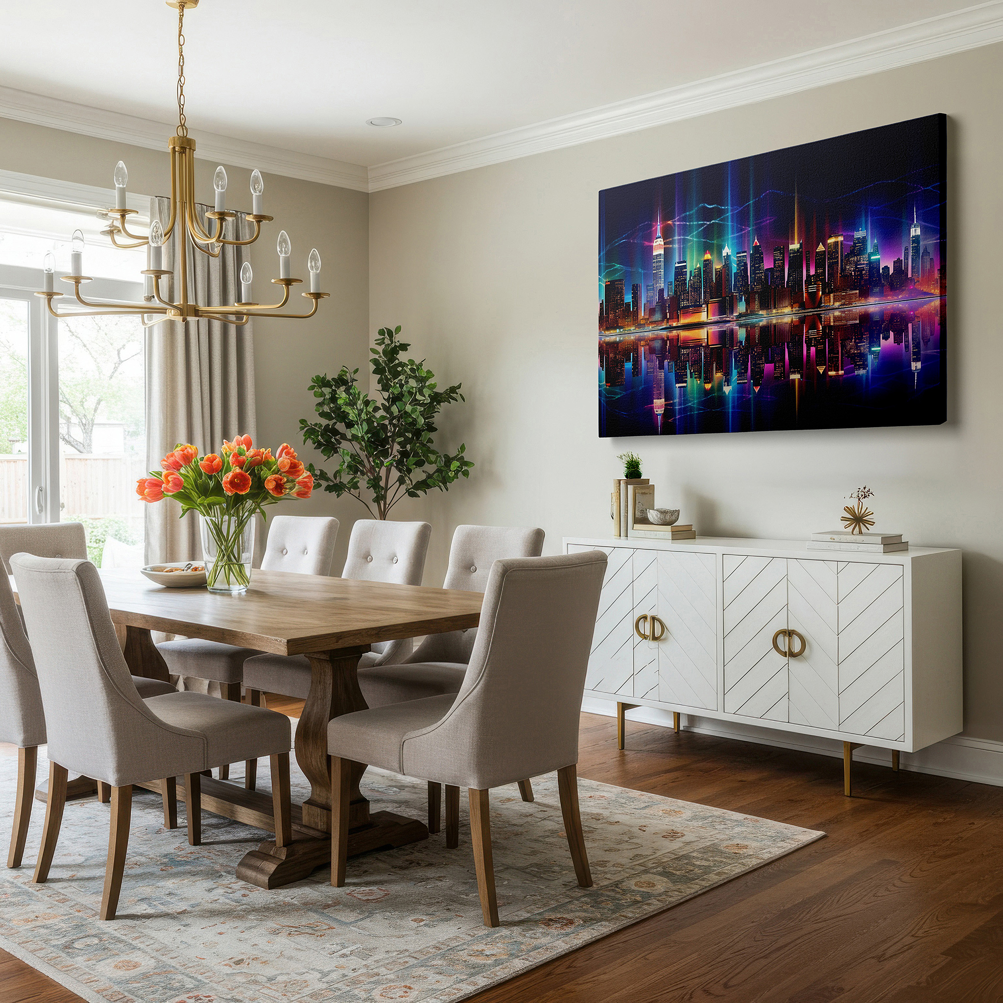 Mounted in a loft-style interior with exposed brick walls — serene urban night canvas: vibrant skyline and reflective waters - large wall art for office and bedroom decor