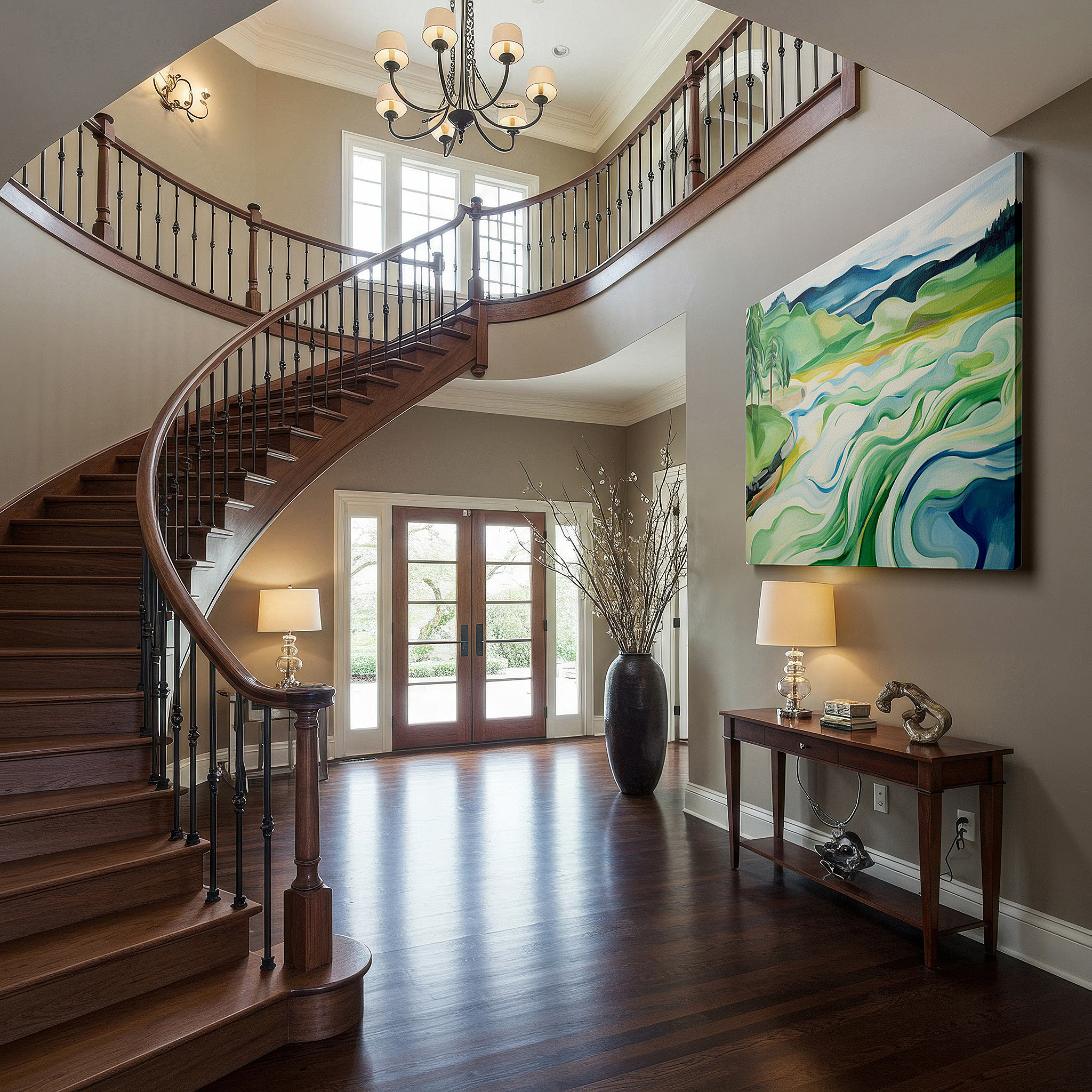 Mounted in a loft-style interior with exposed brick walls — serene waterscape featuring gentle hills and soft waves - tranquil mix of soft colors and abstract shapes, large wall art, canvas wall art