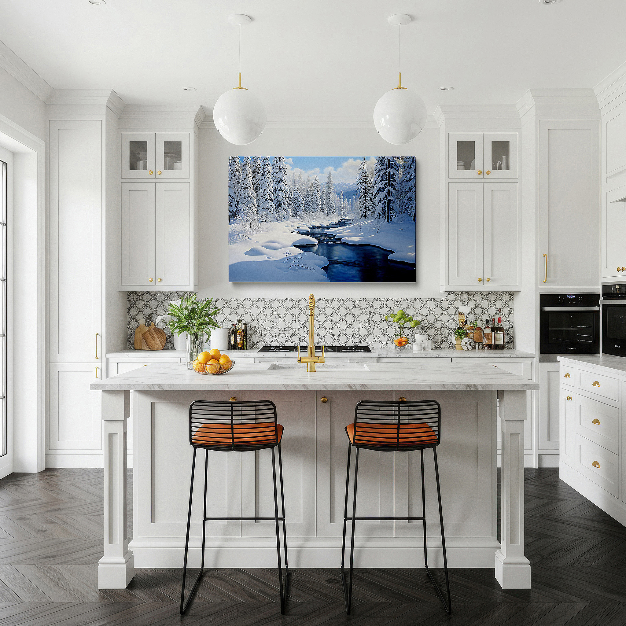Mounted in a loft-style interior with exposed brick walls — serene winter wonderland canvas wall art featuring snow-covered pines and icy stream, perfect for office, living room, or bedroom decor