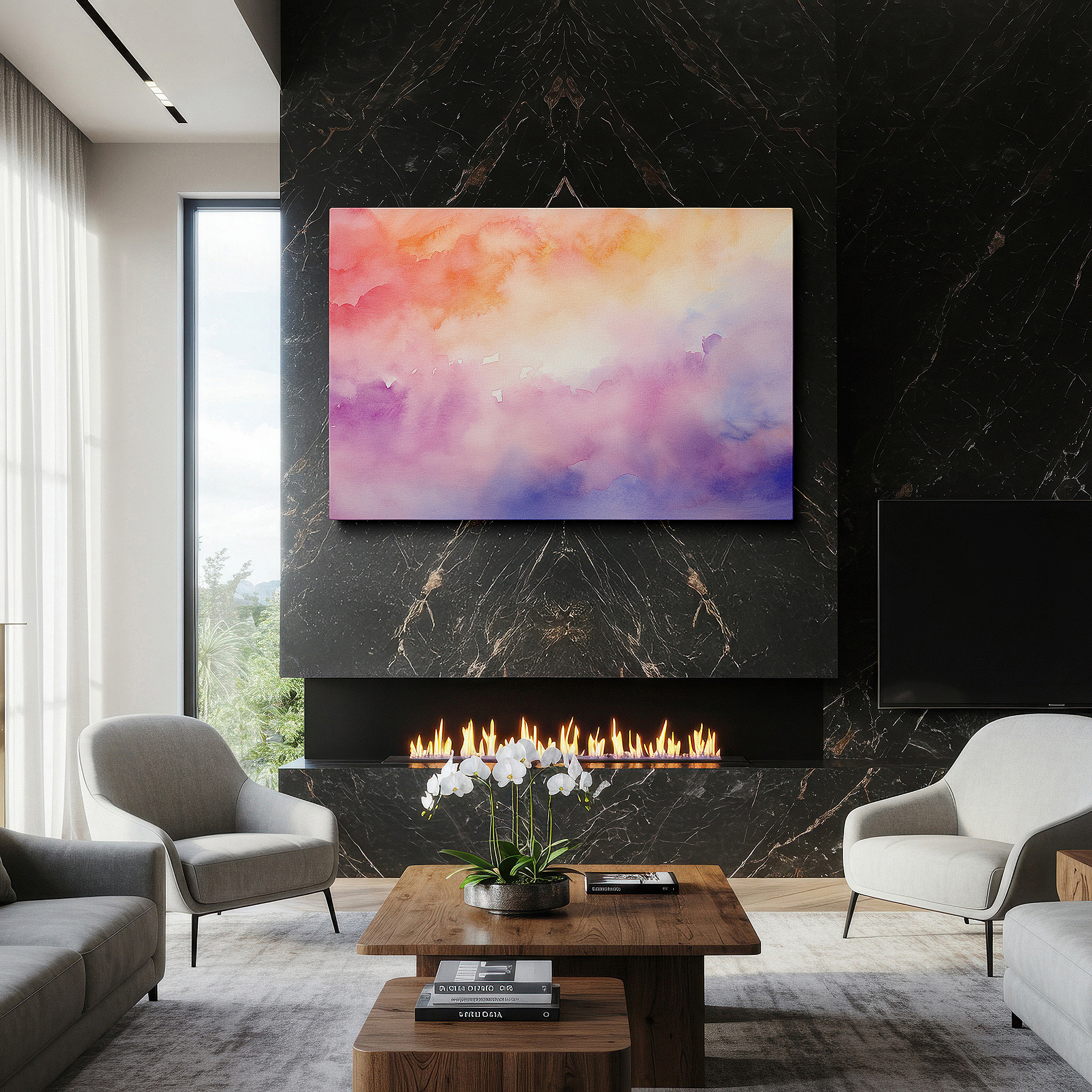 Mounted in a loft-style interior with exposed brick walls — soft pastel ethereal abstract, tranquil gentle hues for deep reflection and serenity, large canvas wall art