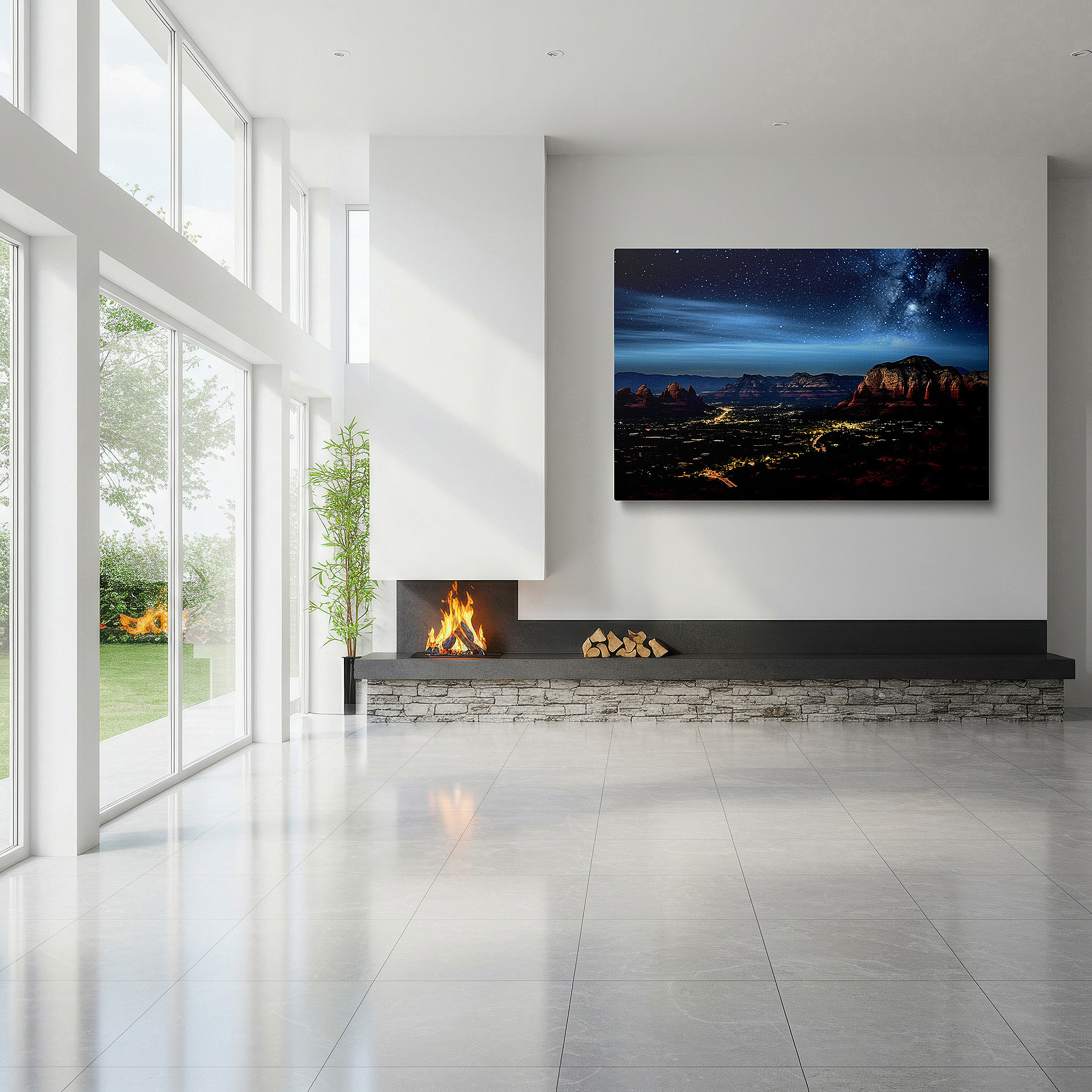 Mounted in a loft-style interior with exposed brick walls — starlit sky and red rock mountains - celestial canopy above rugged terrain large wall art, canvas wall art, wall decor for office and bedroom