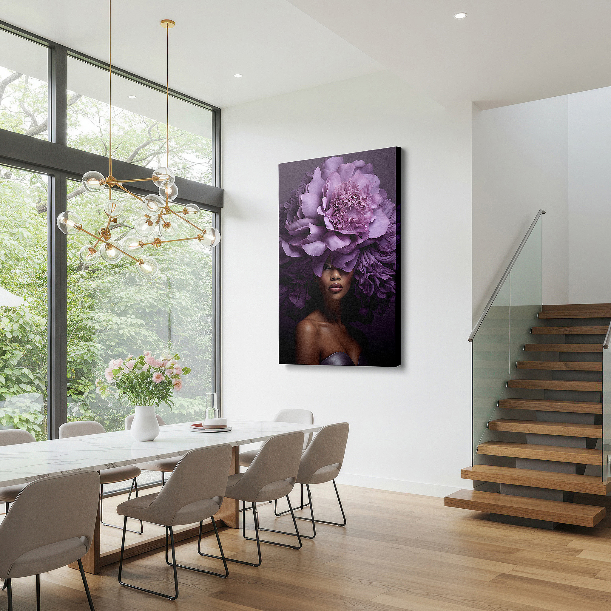 Mounted in a loft-style interior with exposed brick walls — stunning large wall art featuring a woman with a vibrant purple oversized floral headpiece, canvas wall art, wall decor for office