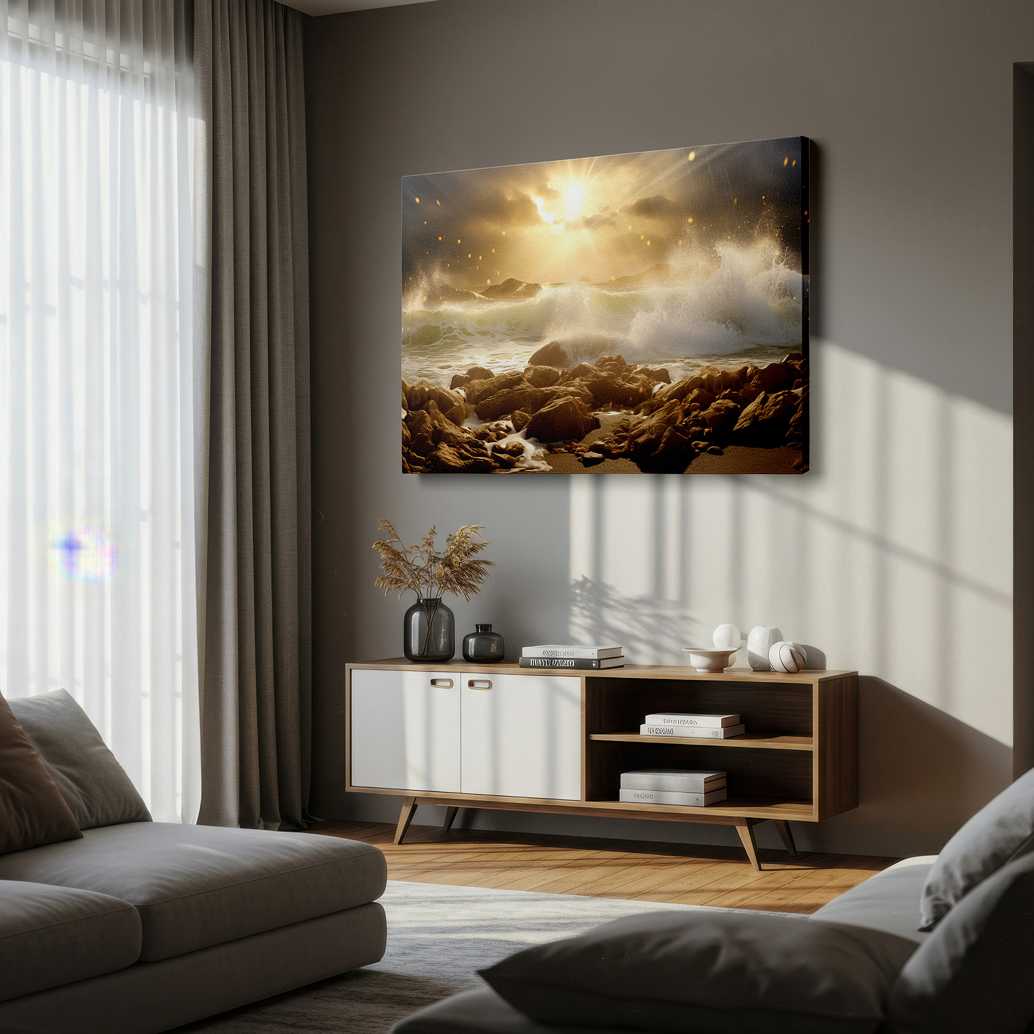 Mounted in a loft-style interior with exposed brick walls — sunrise over waves on a rocky shoreline: a majestic display of nature's beauty and power - large canvas wall art for home and office decor