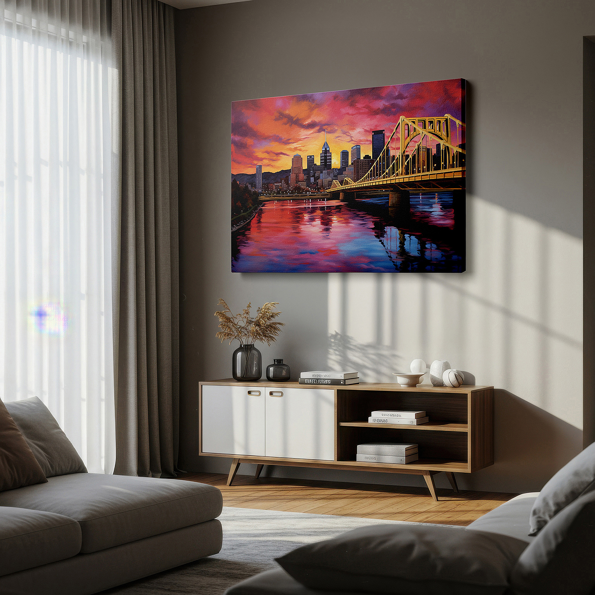 Mounted in a loft-style interior with exposed brick walls — sunset bridge and city skyline - celebrating urban spirit and architectural elegance large wall art, canvas wall art, wall decor, office wall art