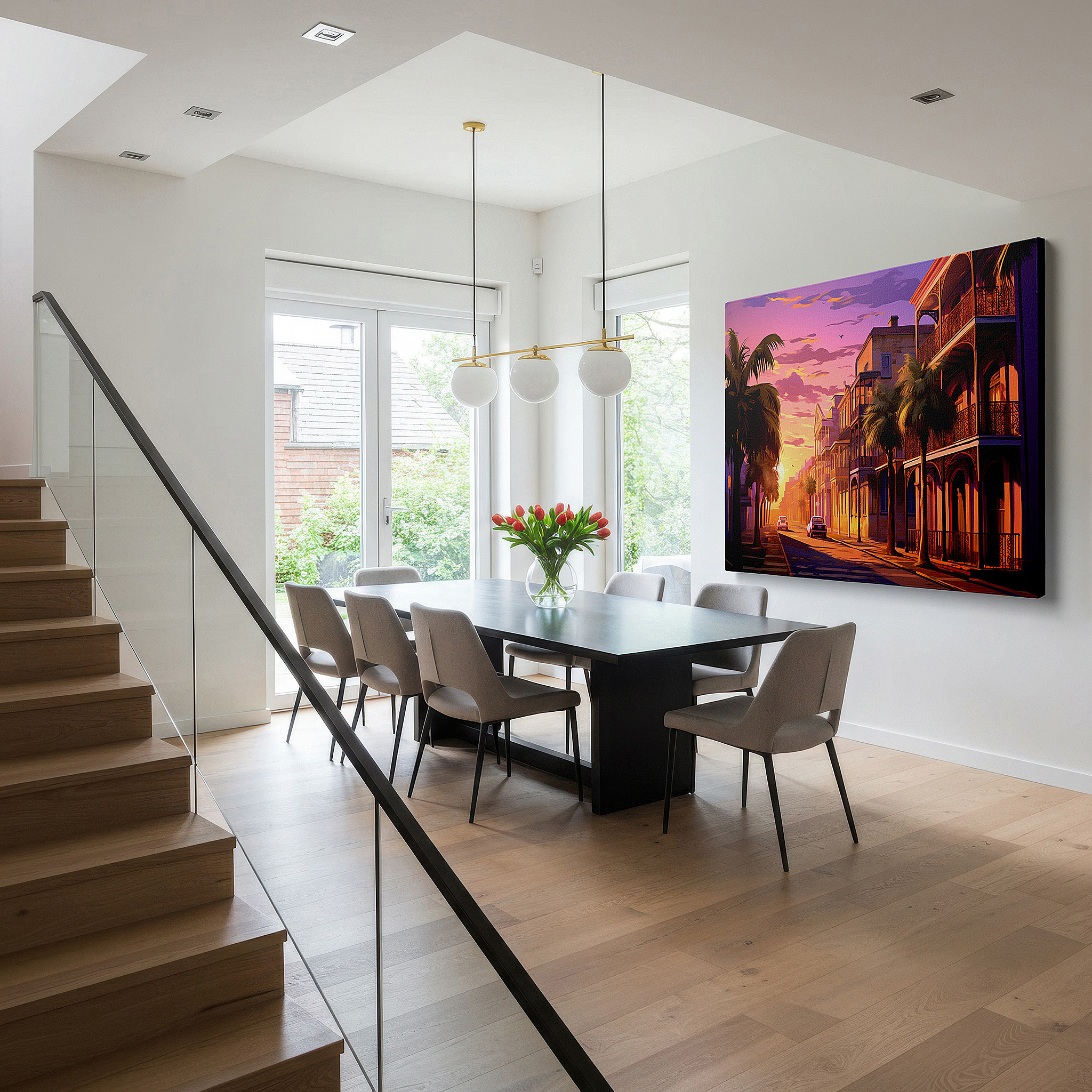 Mounted in a loft-style interior with exposed brick walls — sunset glow over a historic southern coastal town, serene street scene with tropical flair, large canvas wall art for office decor