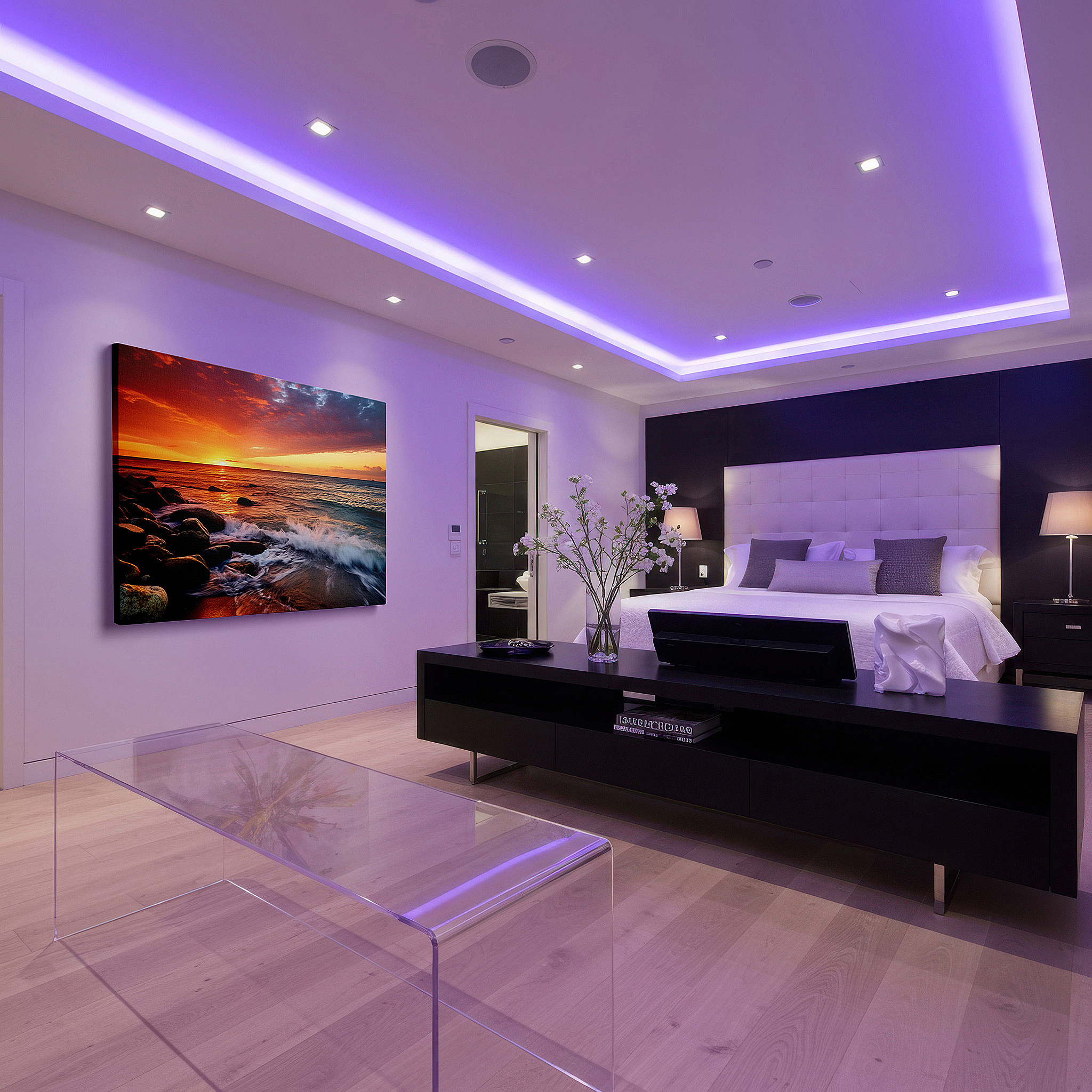 Mounted in a loft-style interior with exposed brick walls — sunset serenade over tranquil seas, large canvas wall art by sandy shores with rocky accents, ideal for office and bedroom decor