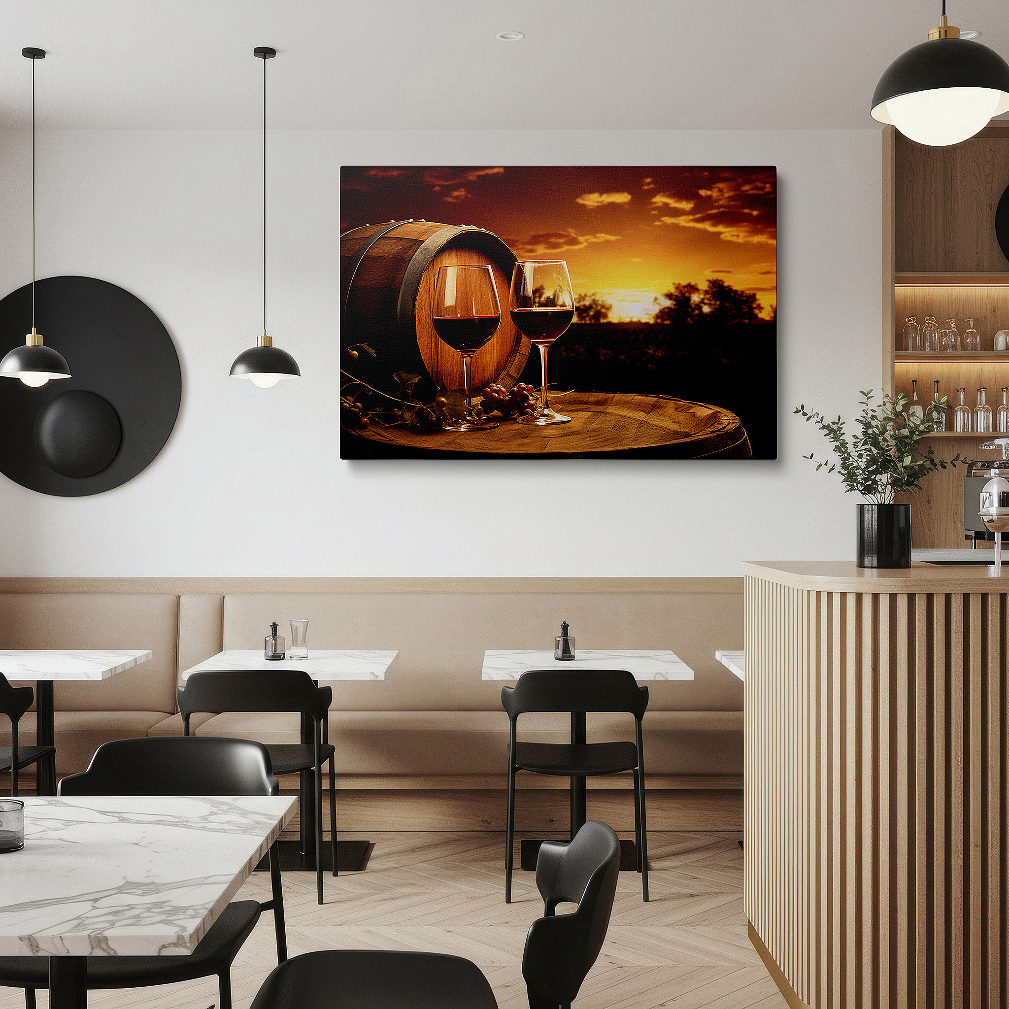 Mounted in a loft-style interior with exposed brick walls — sunset serenade wall art featuring wine glasses, grapes, and a rustic barrel - large canvas for office, bedroom, and living room decor