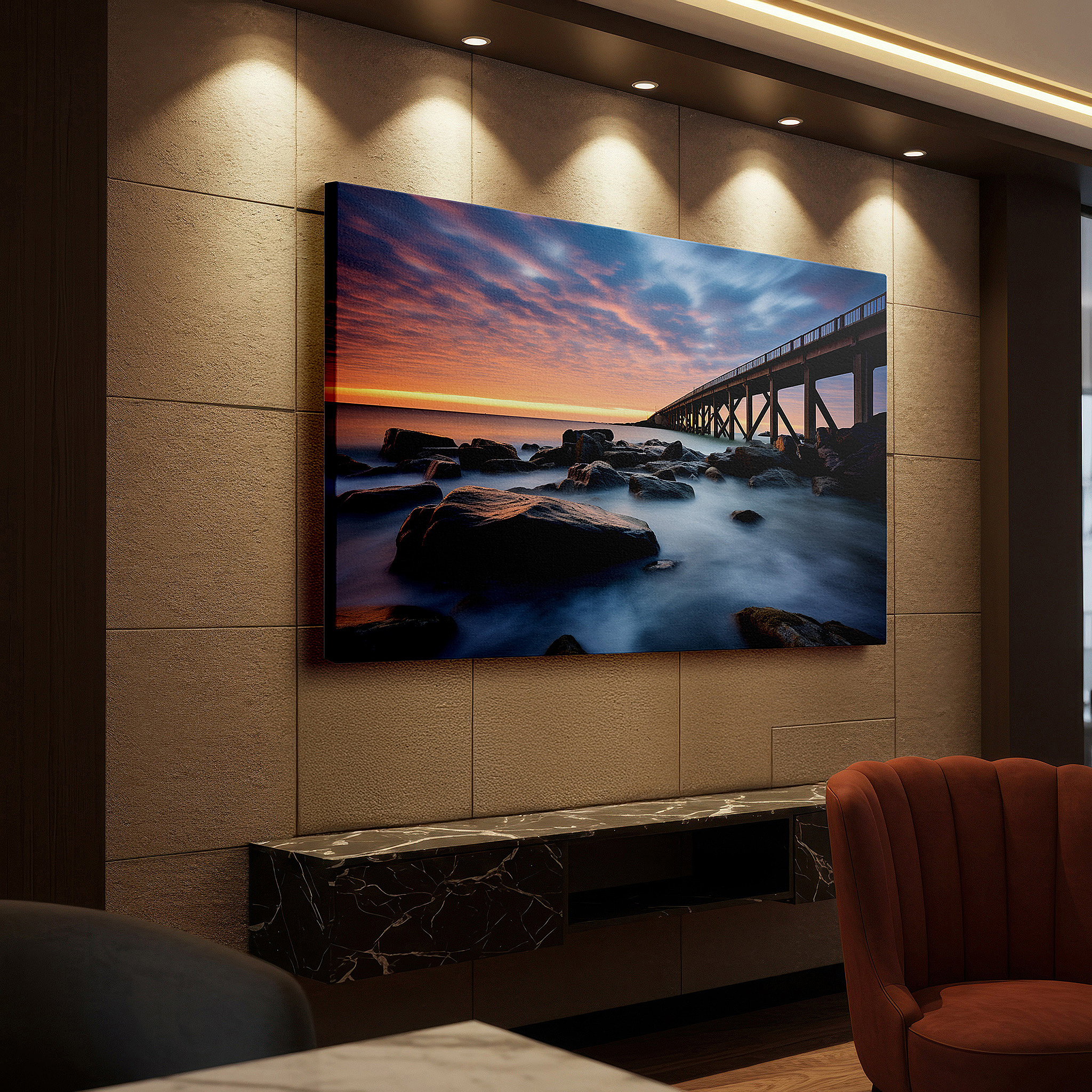 Mounted in a loft-style interior with exposed brick walls — sunset over tranquil waters and rocky coastline with arched bridge large canvas wall art for office and bedroom decor