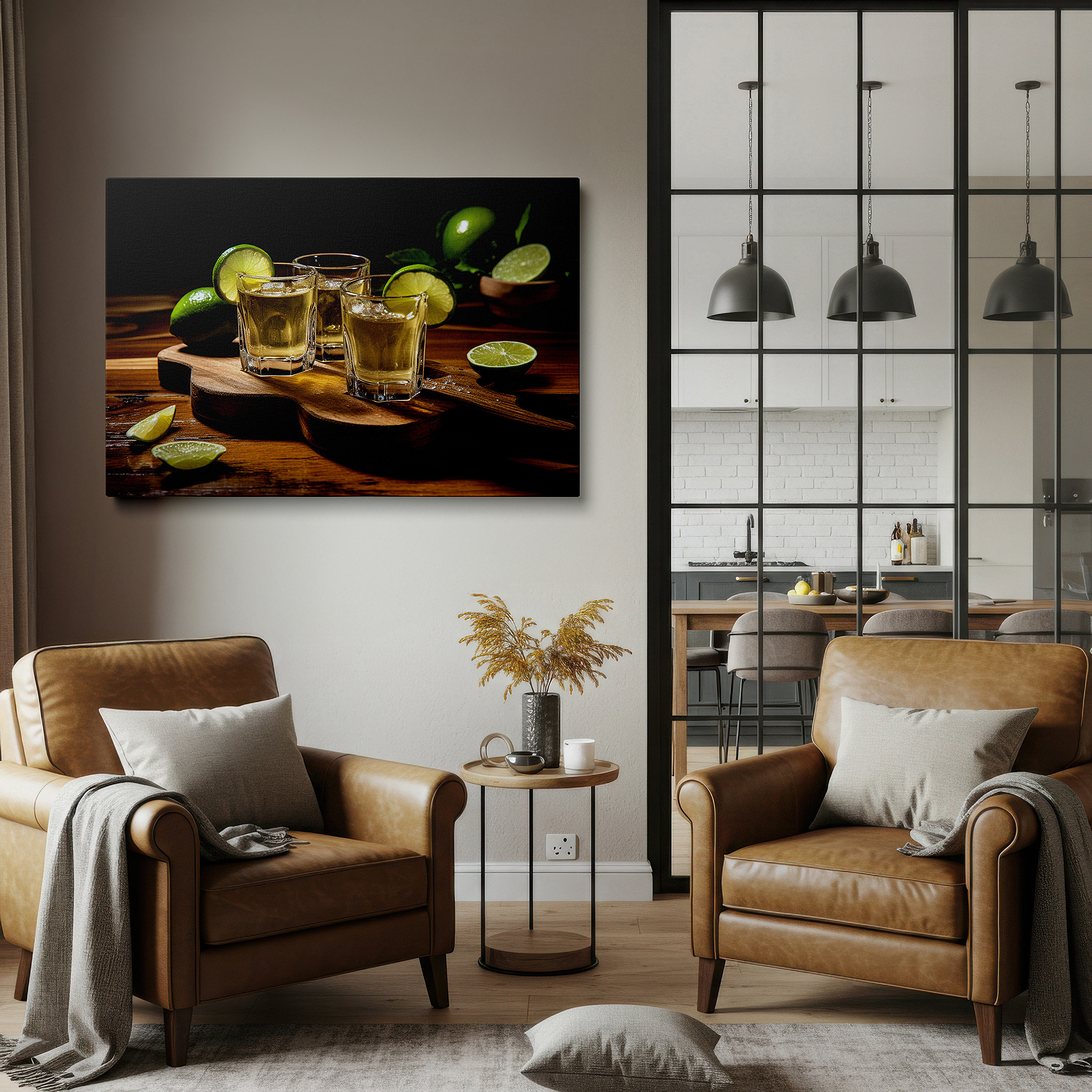 Mounted in a loft-style interior with exposed brick walls — tequila shots with lime on rustic wood: celebrating warmth and conviviality - large wall art, canvas wall art, wall decor for office and bedroom