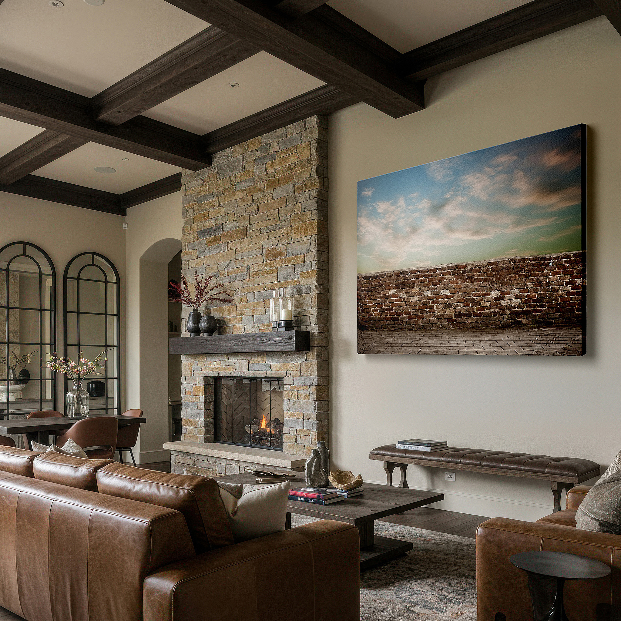 Mounted in a loft-style interior with exposed brick walls — timeless blend of aged bricks and evening sky large wall art, canvas wall decor for office, bedroom, and living room