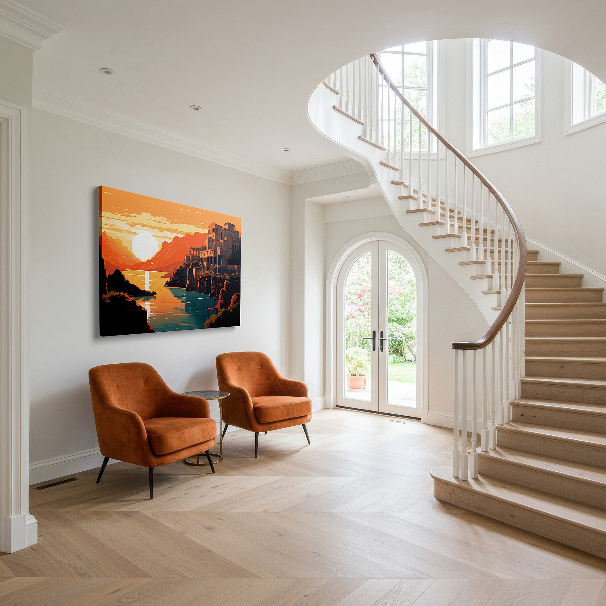 Mounted in a loft-style interior with exposed brick walls — timeless harmony of historical architecture and sunset glow: large canvas wall art for office, bedroom, and living room decor