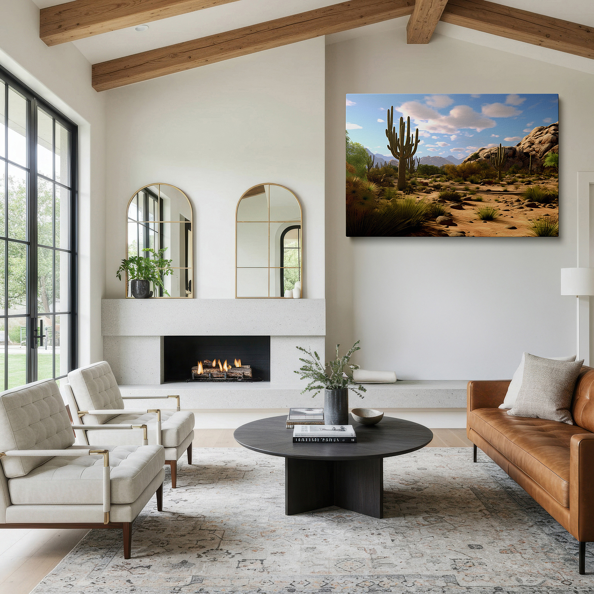Mounted in a loft-style interior with exposed brick walls — towering cacti and expansive blue skies - vibrant desert scenery large wall art, canvas wall art, wall decor for office, bedroom, and living room