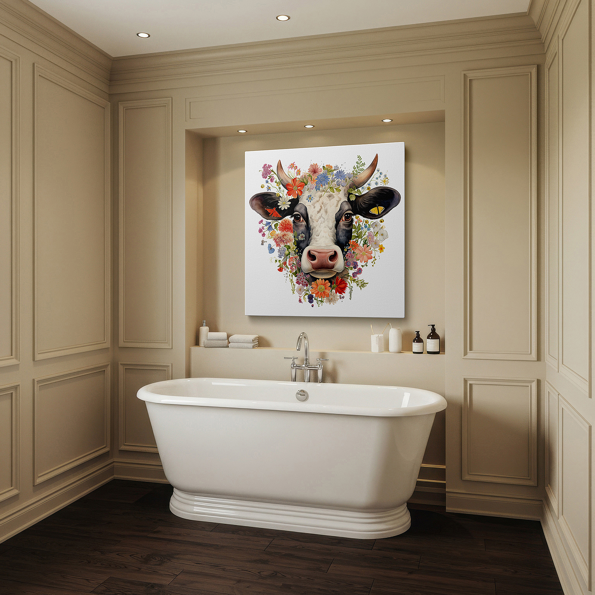 Mounted in a loft-style interior with exposed brick walls — tranquil cow in floral kaleidoscope: serene nature and farm life wall art, large canvas decor for office