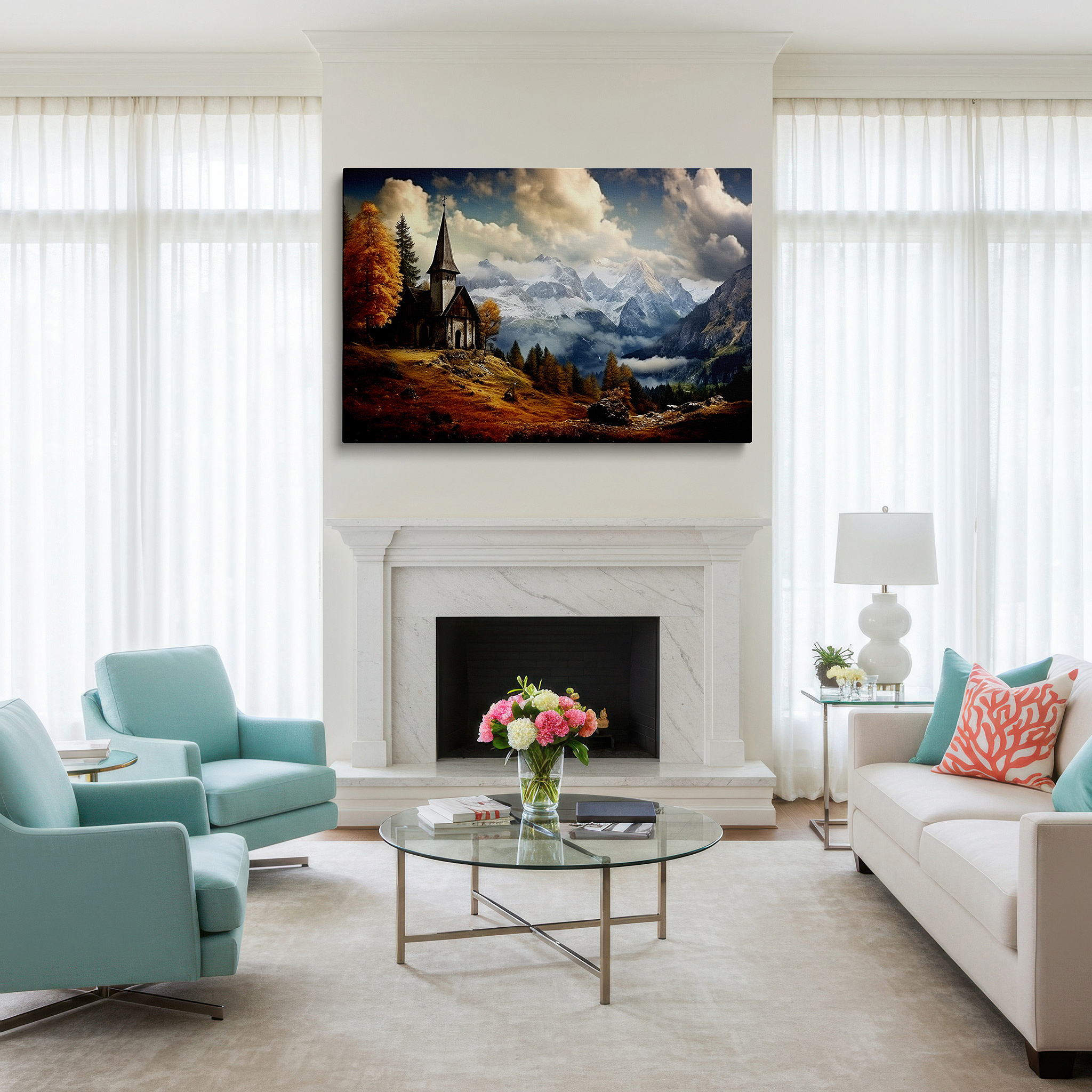 Mounted in a loft-style interior with exposed brick walls — tranquil landscape featuring autumn trees and snow-capped mountains, peaceful church sanctuary large wall art, canvas wall art, wall decor for office