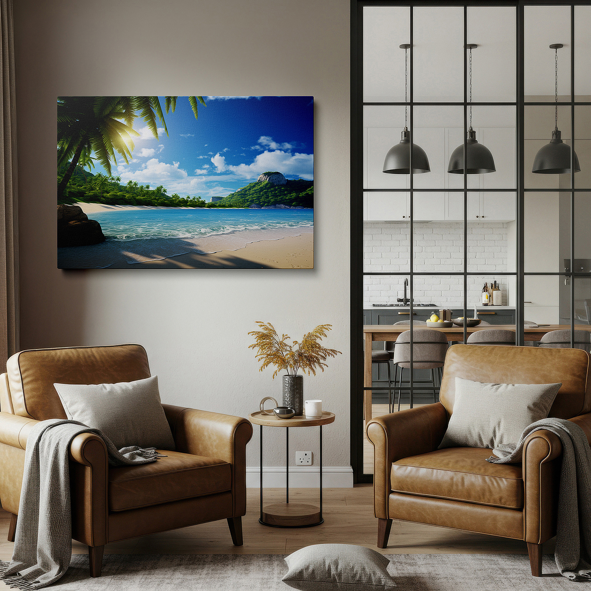 Mounted in a loft-style interior with exposed brick walls — tropical paradise wall art featuring crystal-clear waters and lush greenery, large canvas for home and office decor