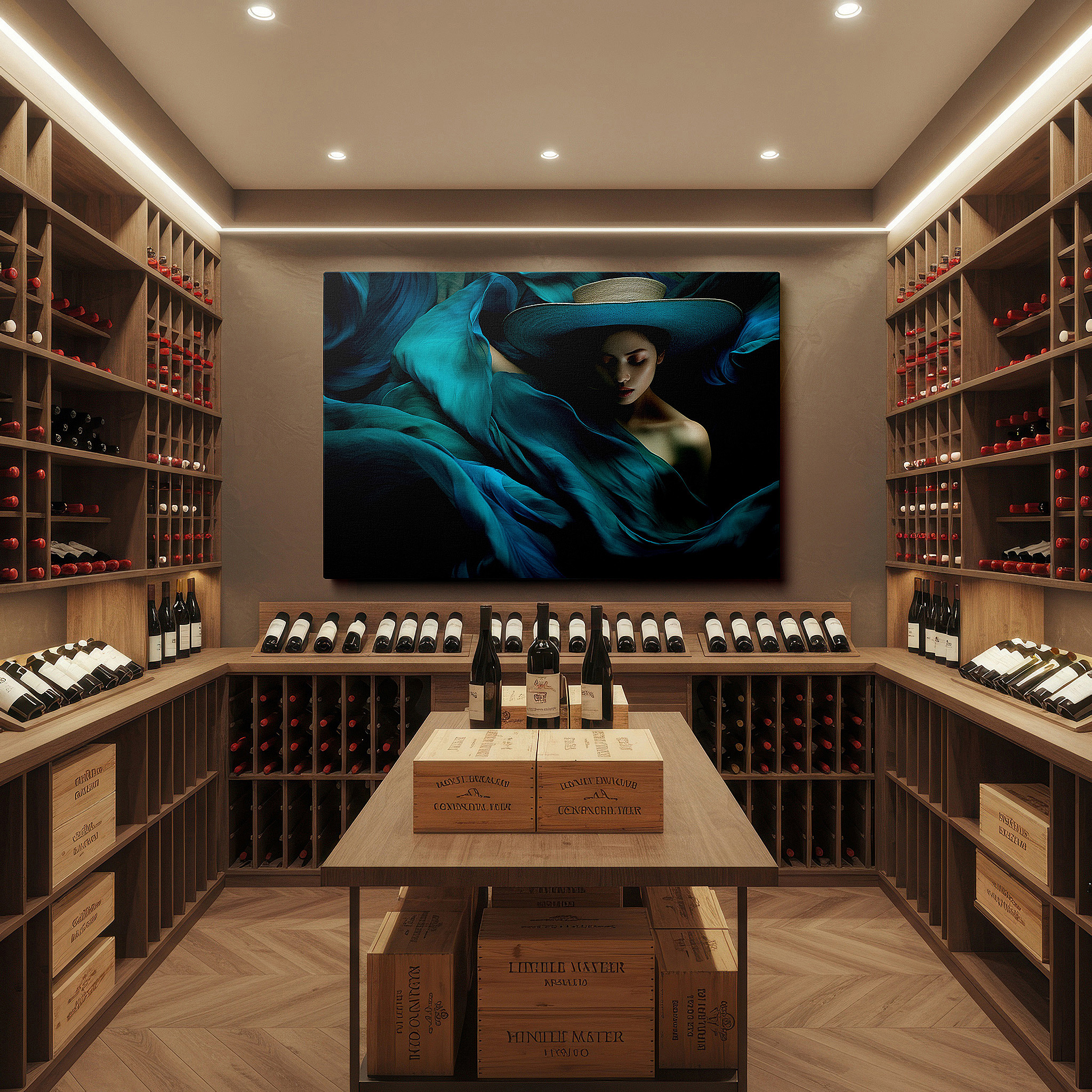 Mounted in a loft-style interior with exposed brick walls — turquoise tranquility: a graceful and mysterious portrait - large wall art, canvas wall art, wall decor for office and bedroom