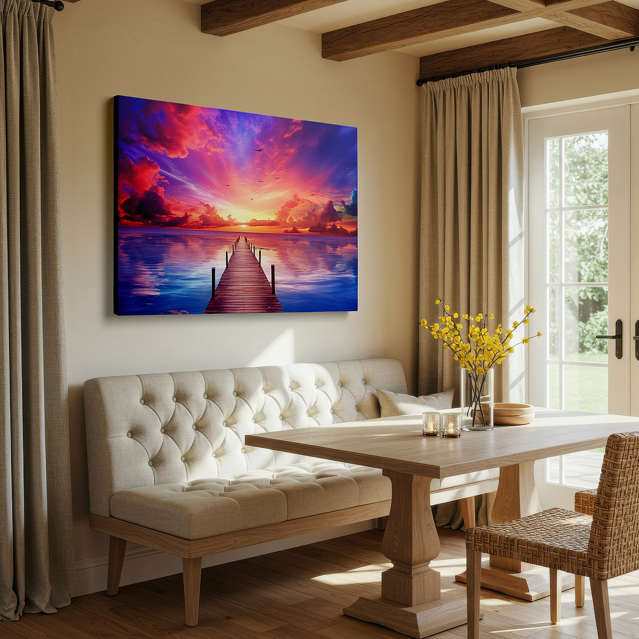 Mounted in a loft-style interior with exposed brick walls — twilight serenity at the wooden pier: tranquil sea and sky large canvas wall art for office and bedroom decor