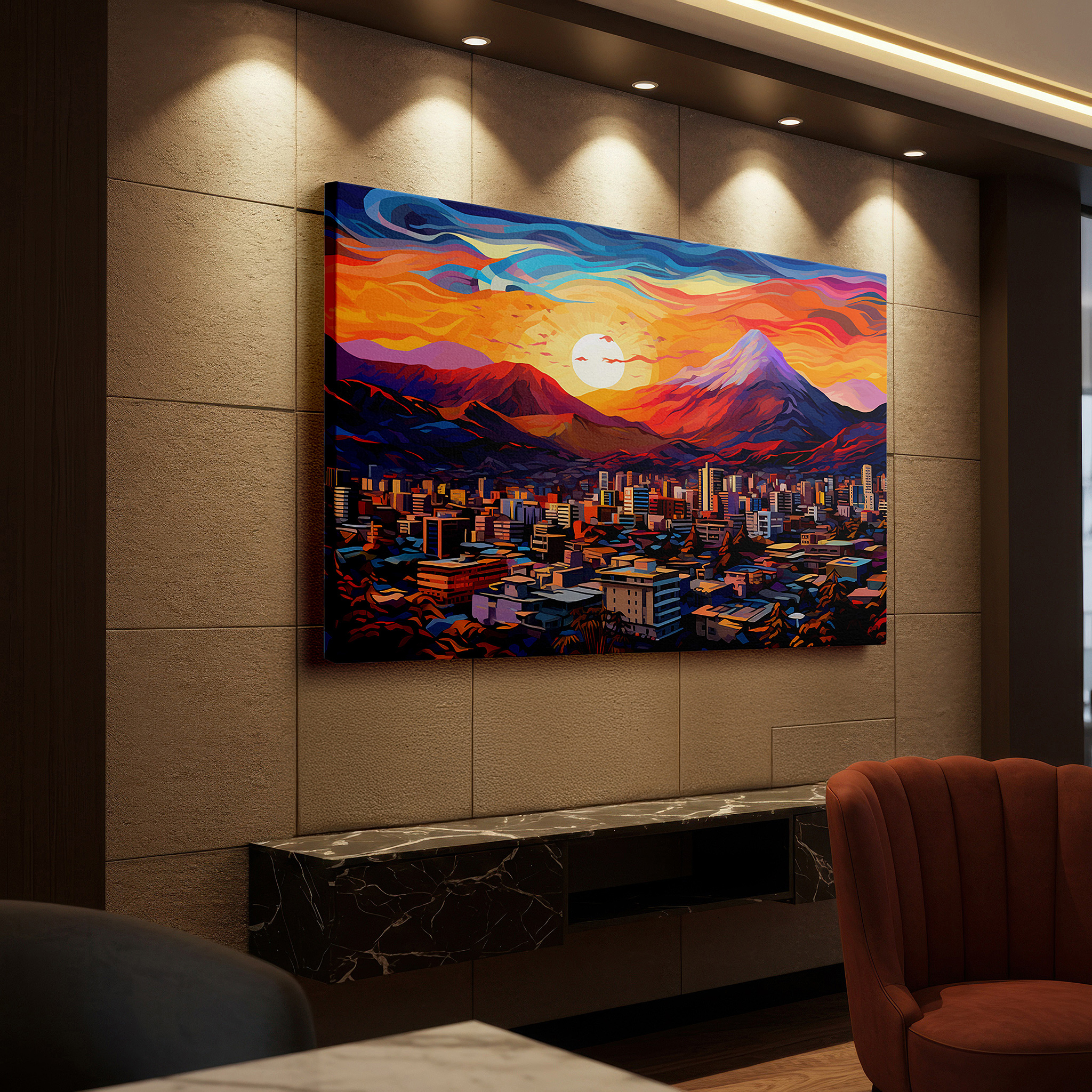 Mounted in a loft-style interior with exposed brick walls — urban sunset symphony - vibrant cityscape with majestic mountains large wall art, canvas wall decor for offices and bedrooms