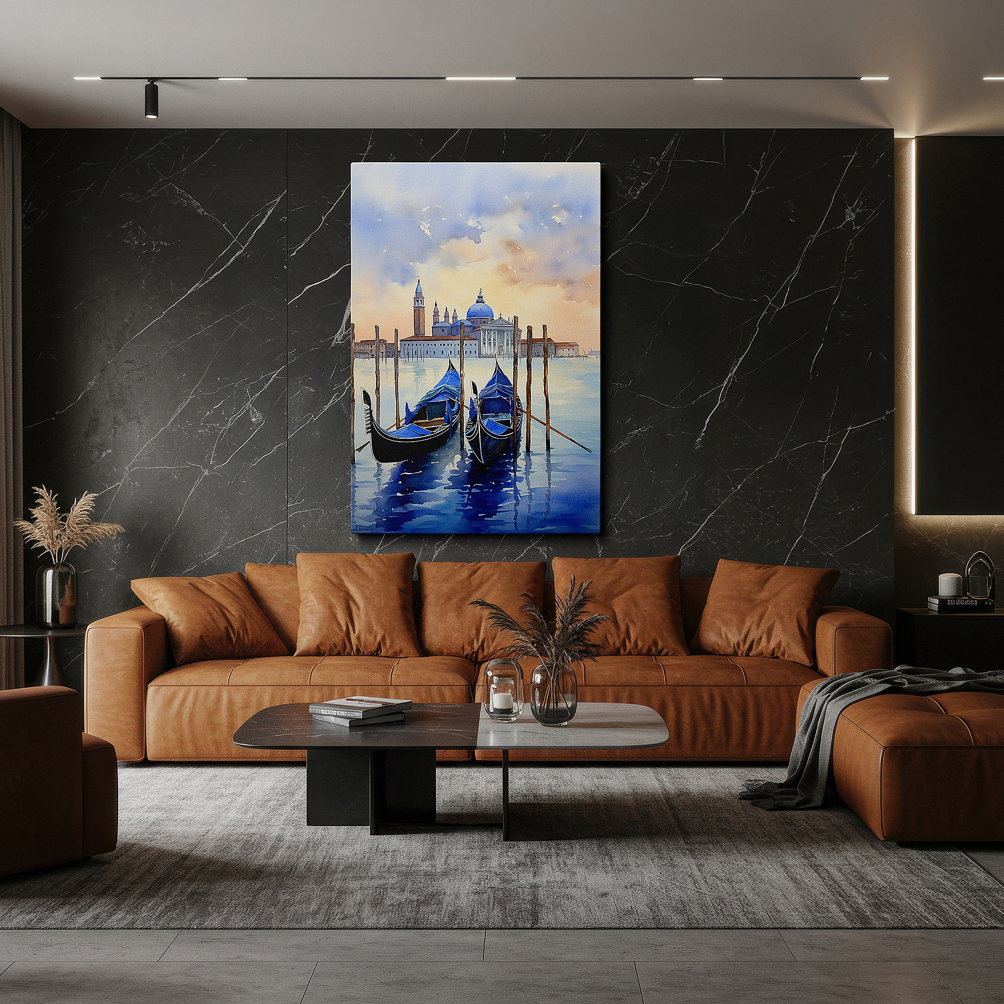 Mounted in a loft-style interior with exposed brick walls — venetian sunset wall art: serene gondolas and reflective lagoon waters - large canvas for home and office decor