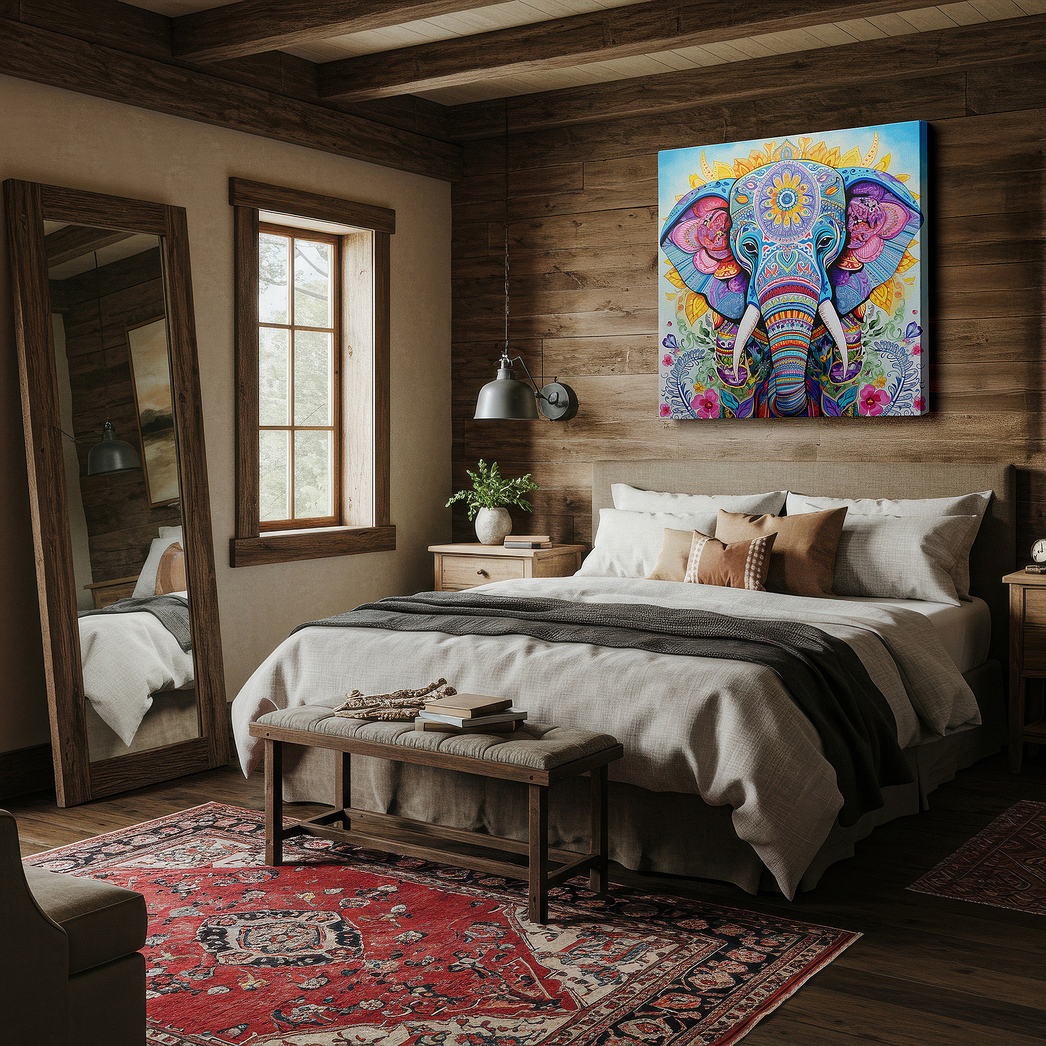 Mounted in a loft-style interior with exposed brick walls — vibrant elephant canvas featuring floral joy and artistic celebration: large wall art for office and bedroom decor