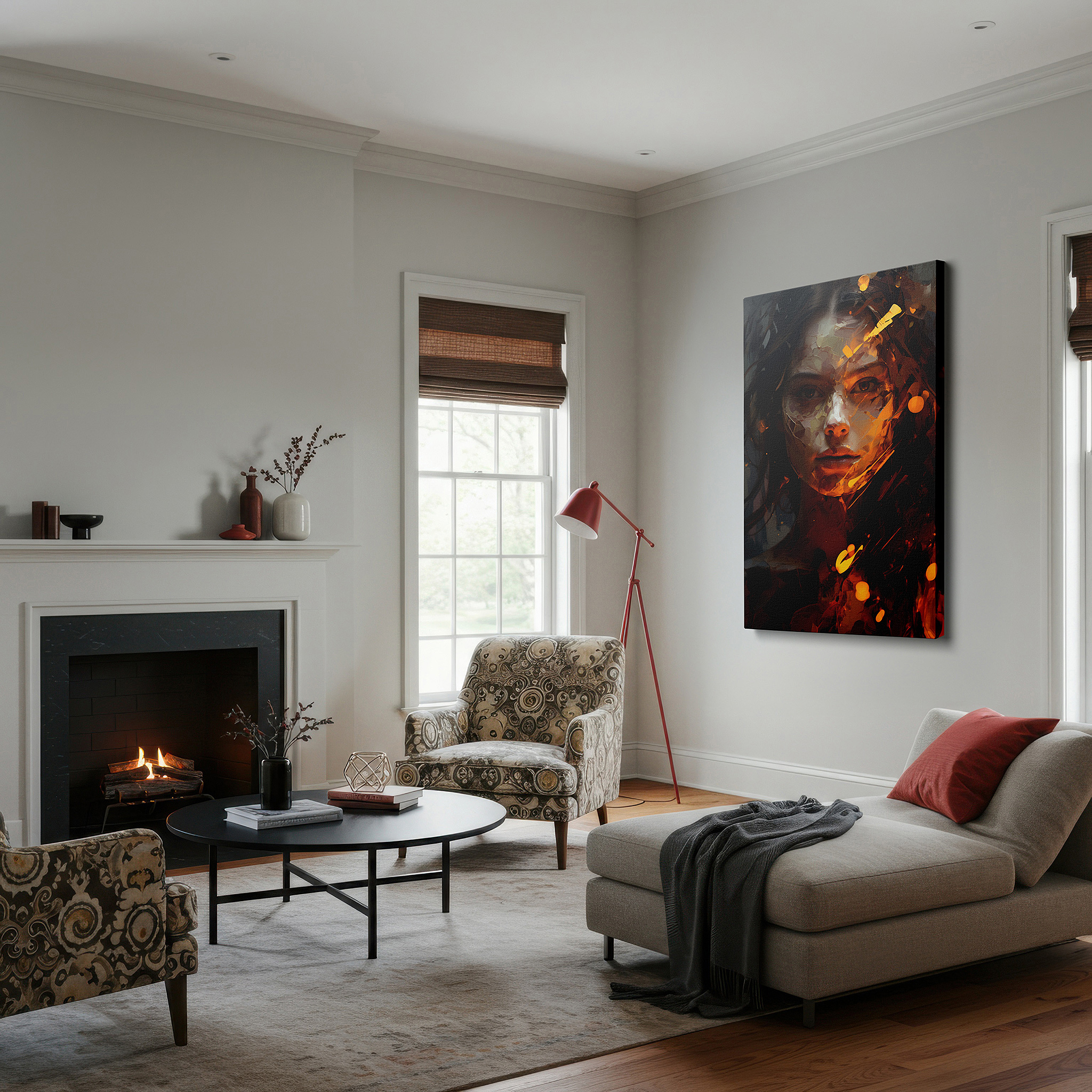 Mounted in a loft-style interior with exposed brick walls — vivid feelings and artistic excellence in the mysterious expression of a woman: large wall art, canvas wall art, wall decor for office and bedroom