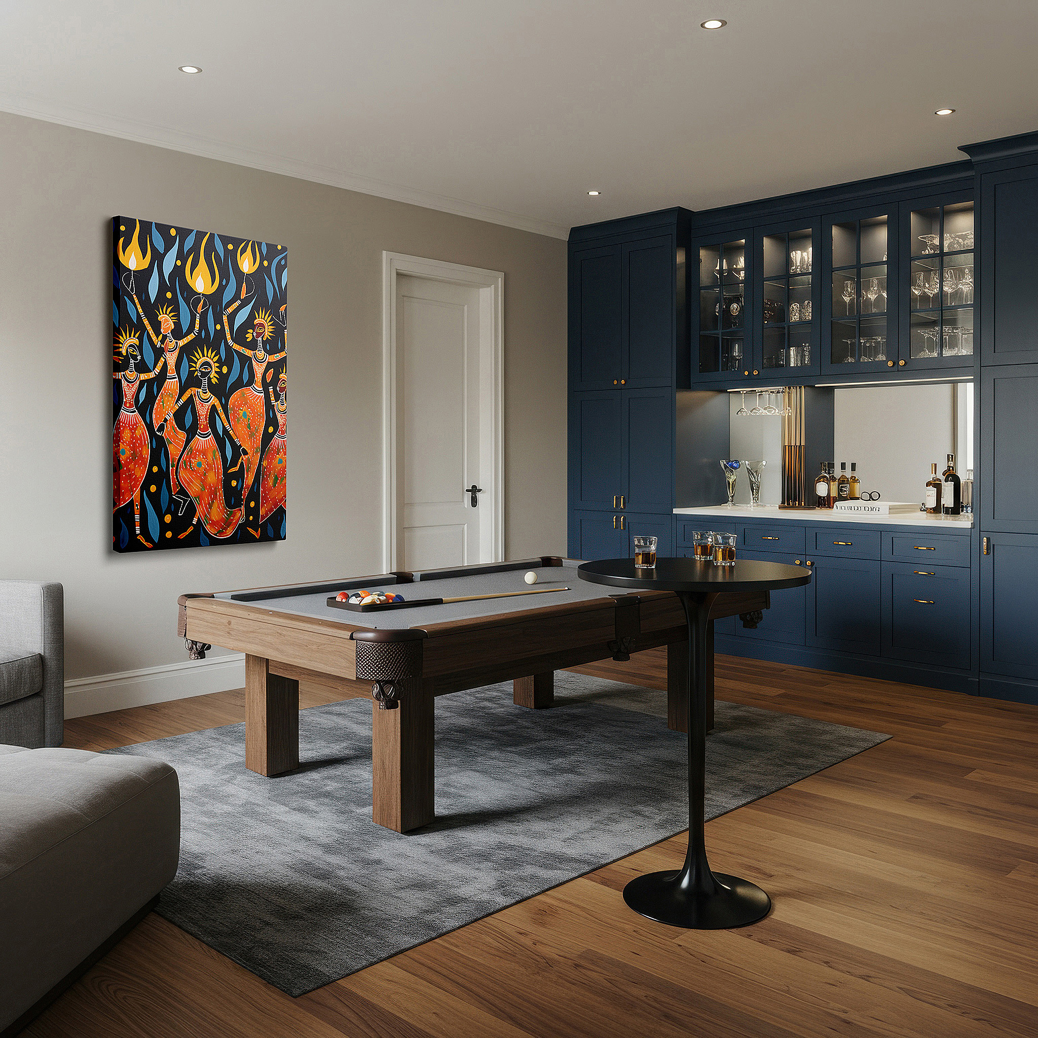 Mounted in a loft-style interior with exposed brick walls — wall art: embracing unity and joy with cultural dance and vivid flames - large canvas art for home and office decor