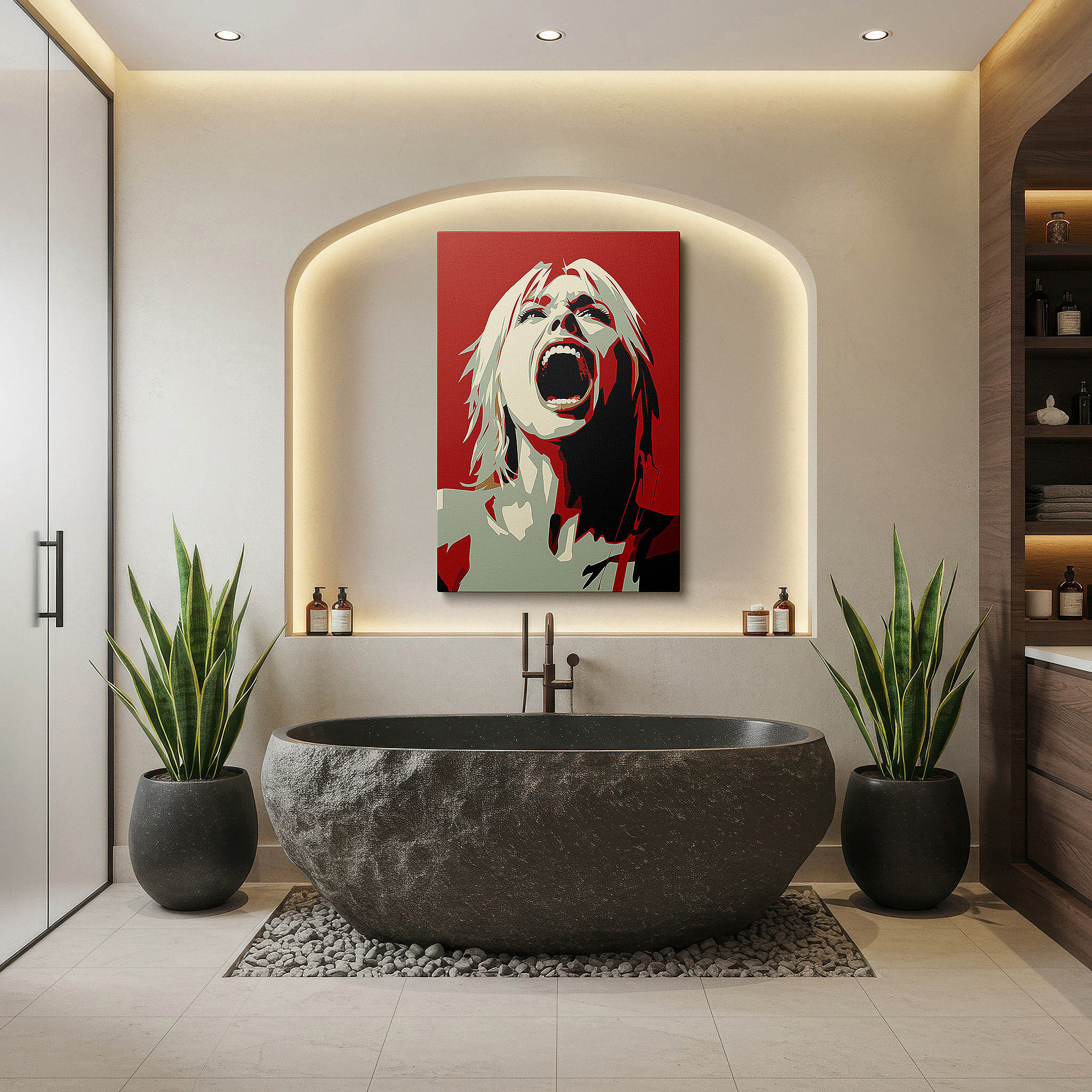 Mounted in a loft-style interior with exposed brick walls — wall art: "emotional release in red" - a vivid expression of passion and pain. large canvas wall art for office and bedroom decor.