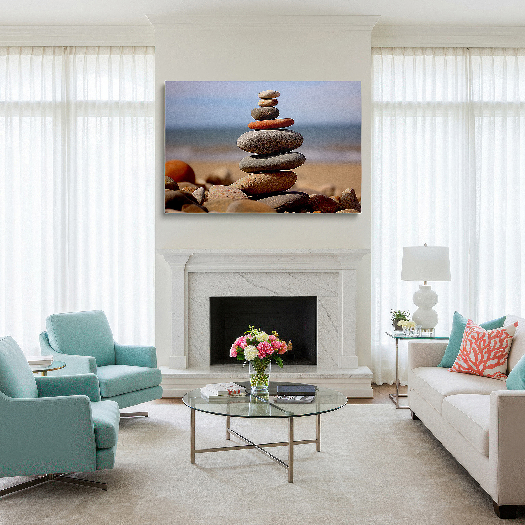 Mounted in a loft-style interior with exposed brick walls — wall art: "serenity in balance" - pebbles on a tranquil beach for calm and reflection. large canvas wall art for office and bedroom decor.