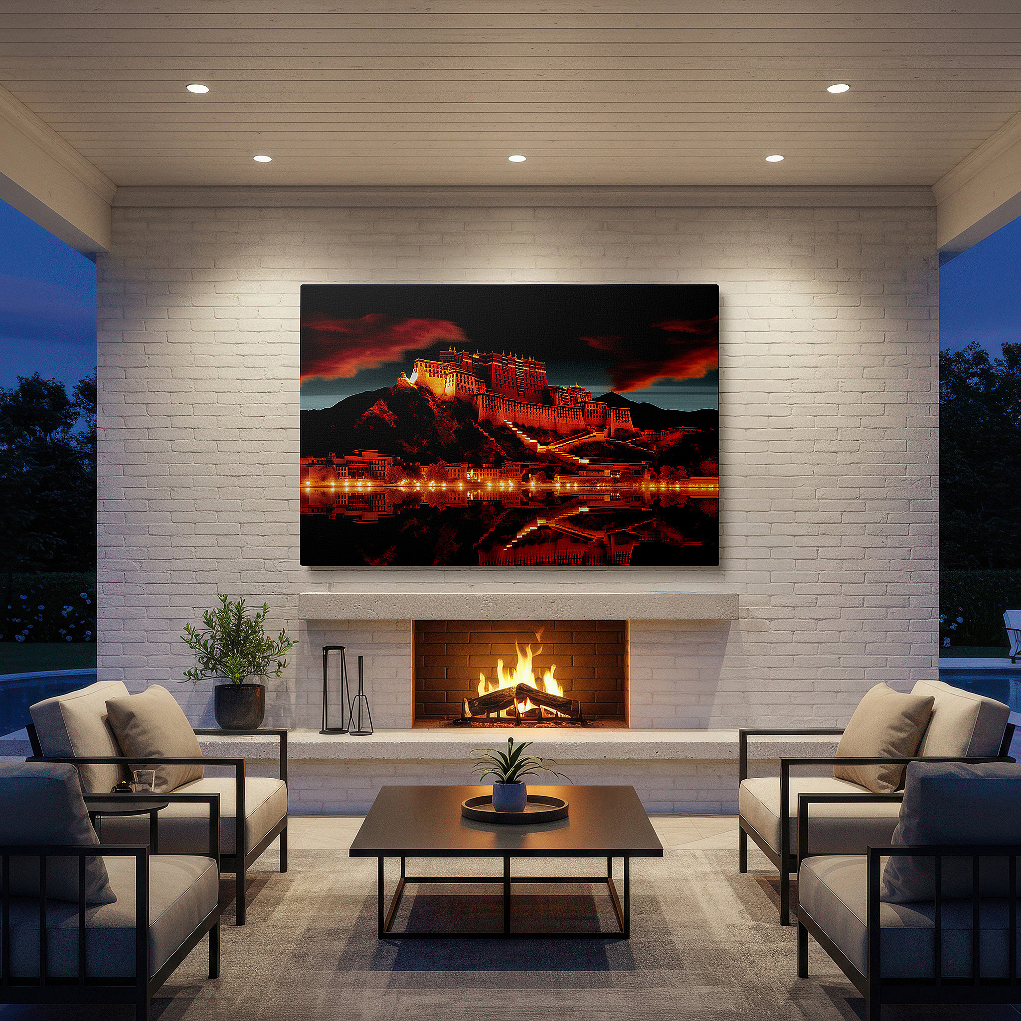 Mounted in a loft-style interior with exposed brick walls — wall art: starlit majesty of the potala palace - golden glow amid twilight blues. large canvas wall art for office and bedroom decor.