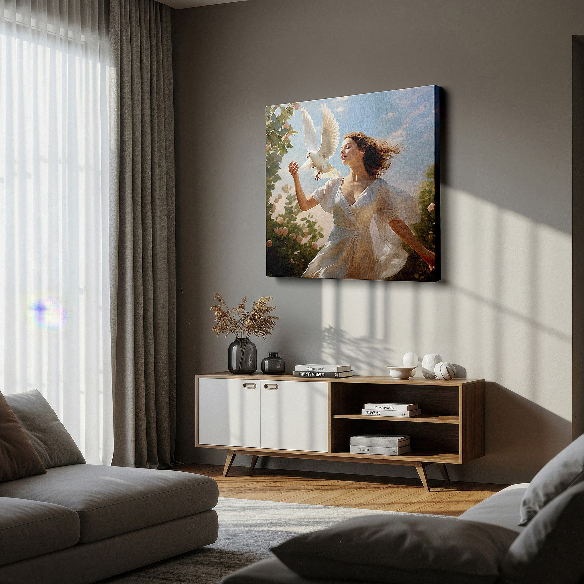Mounted in a loft-style interior with exposed brick walls — wall art: tranquil scene of a woman in a white dress holding a dove, representing peace and freedom - large canvas wall art for home and office decor